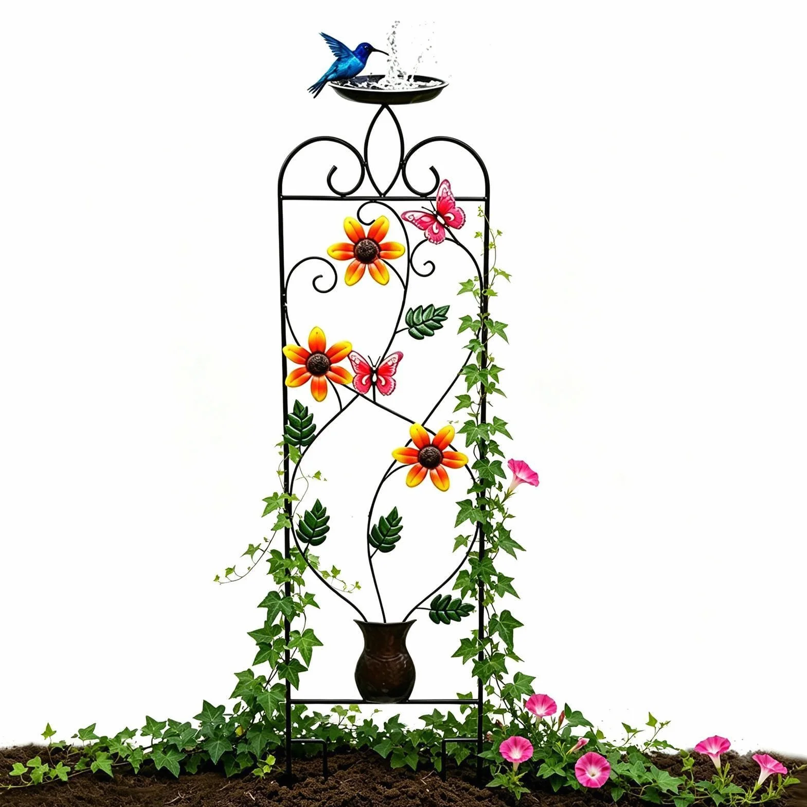 Enrejado de Jardín Soporte metálico resistente a la intemperie | Enrejado Alto con Bebedero para Aves para Rosas Trepadoras, Enredaderas, Hortalizas, Bancal Elevado, Patio, Jardín, Balcón,