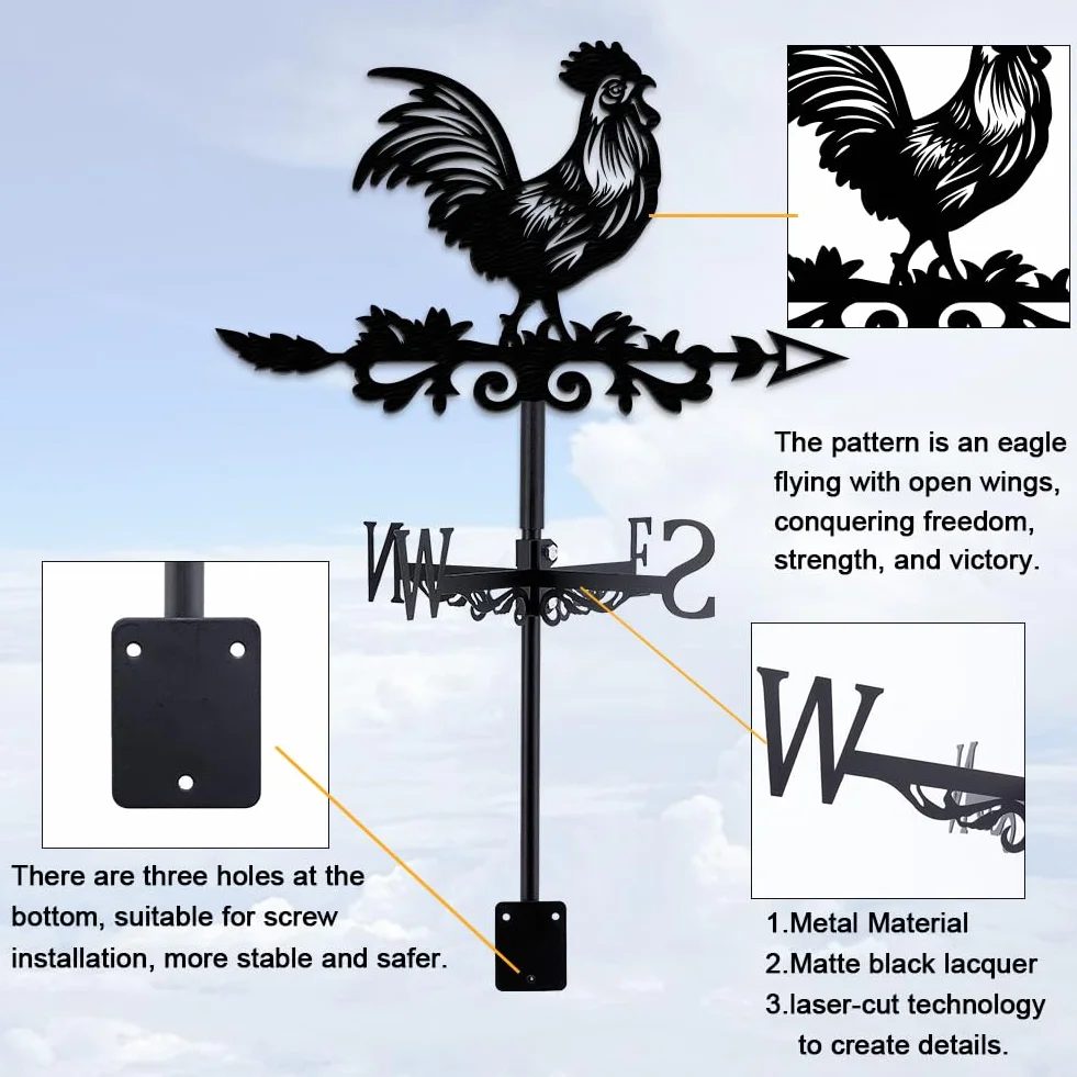 INFUNLY veleta de viento de pollito paleta de metal gallo negro 35 x 27 cm para techo jardín