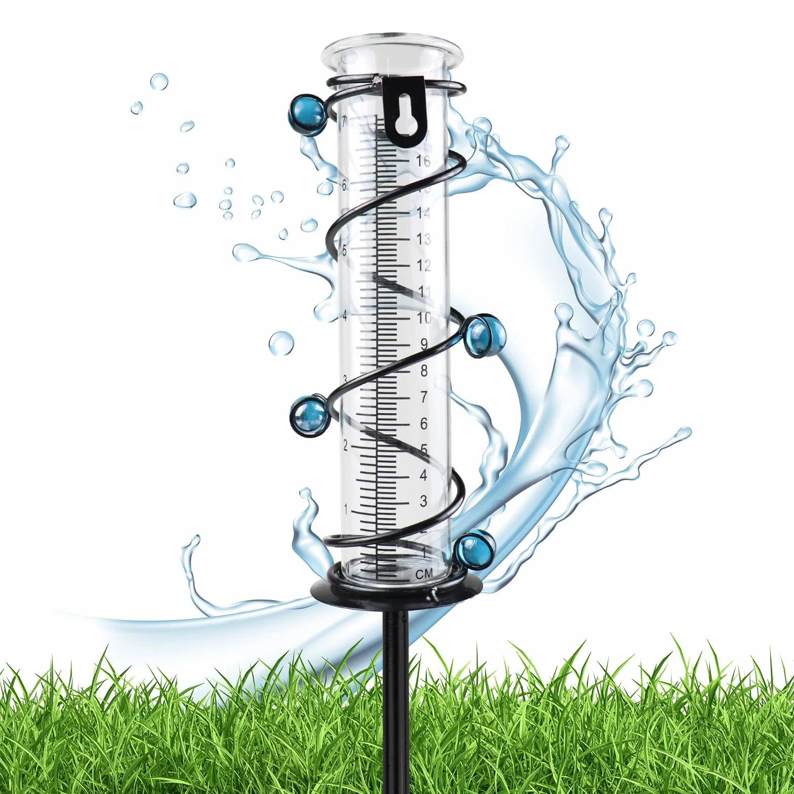 Pluviómetro Exterior 48 cm con Soporte de Metal en Espiral, Medidor de Lluvia de Cristal