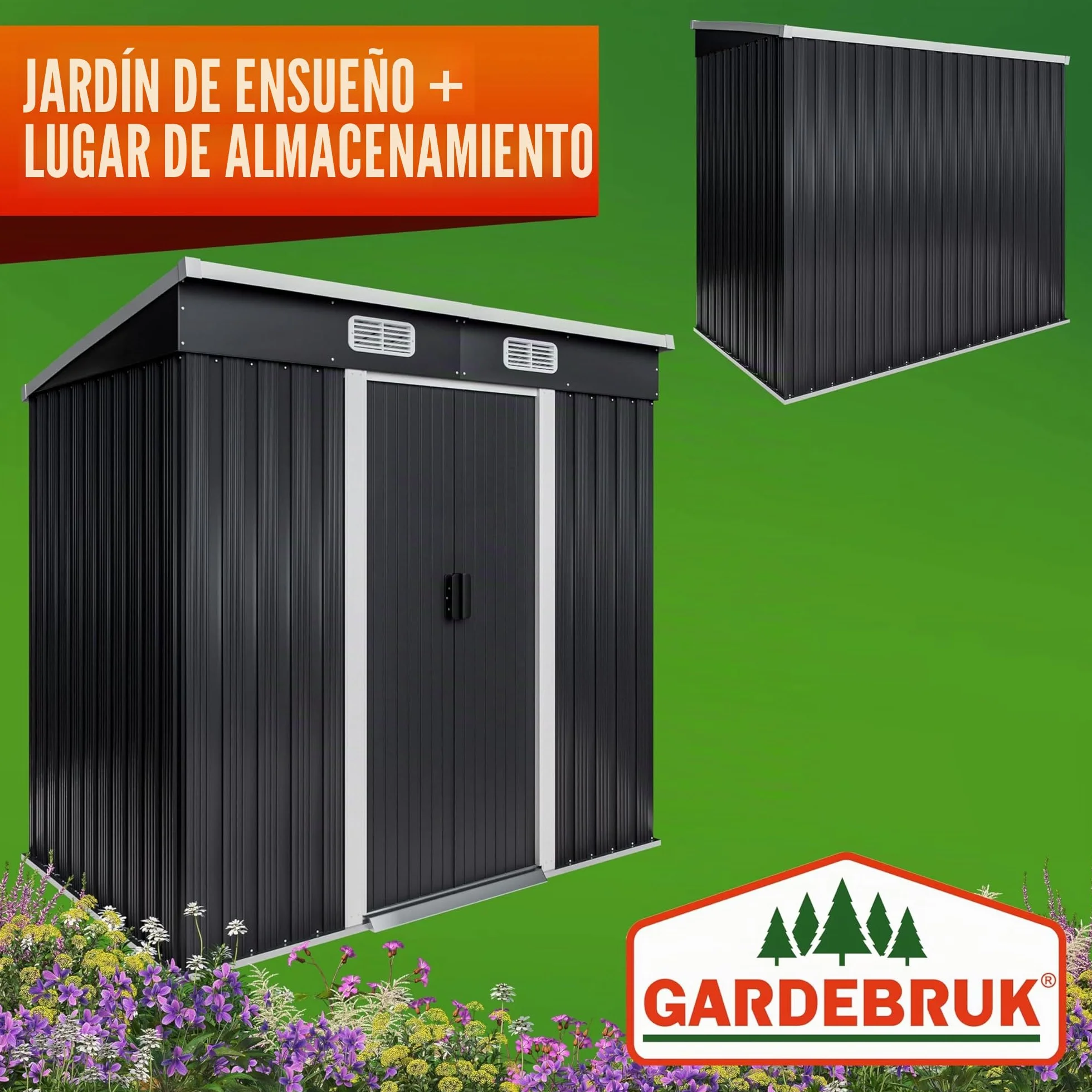 Cobertizo de Jardín Metálico 2m² 200x125x185cm Puerta Corrediza Antracita