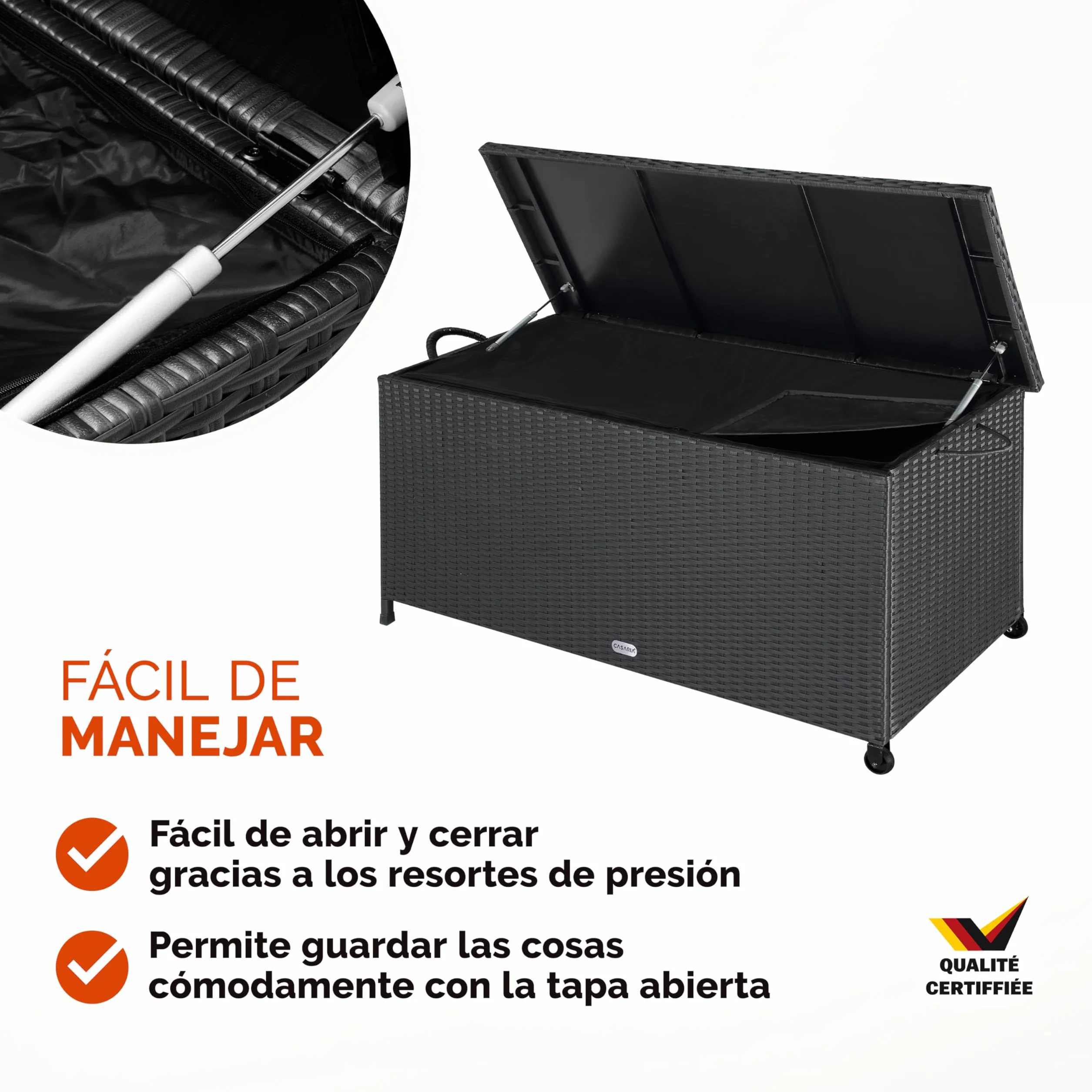 CASARIA Baúl de Almacenamiento Exterior XXL 270L 117x53x60cm Poliratán Negro 2 Ruedas