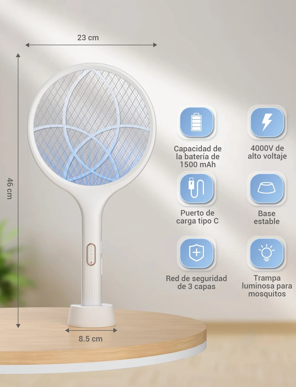 YISSVIC Raqueta Matamoscas Electrica 2 en 1 4000V Mata Mosquitos USB Recargable 1500mAh Blanco