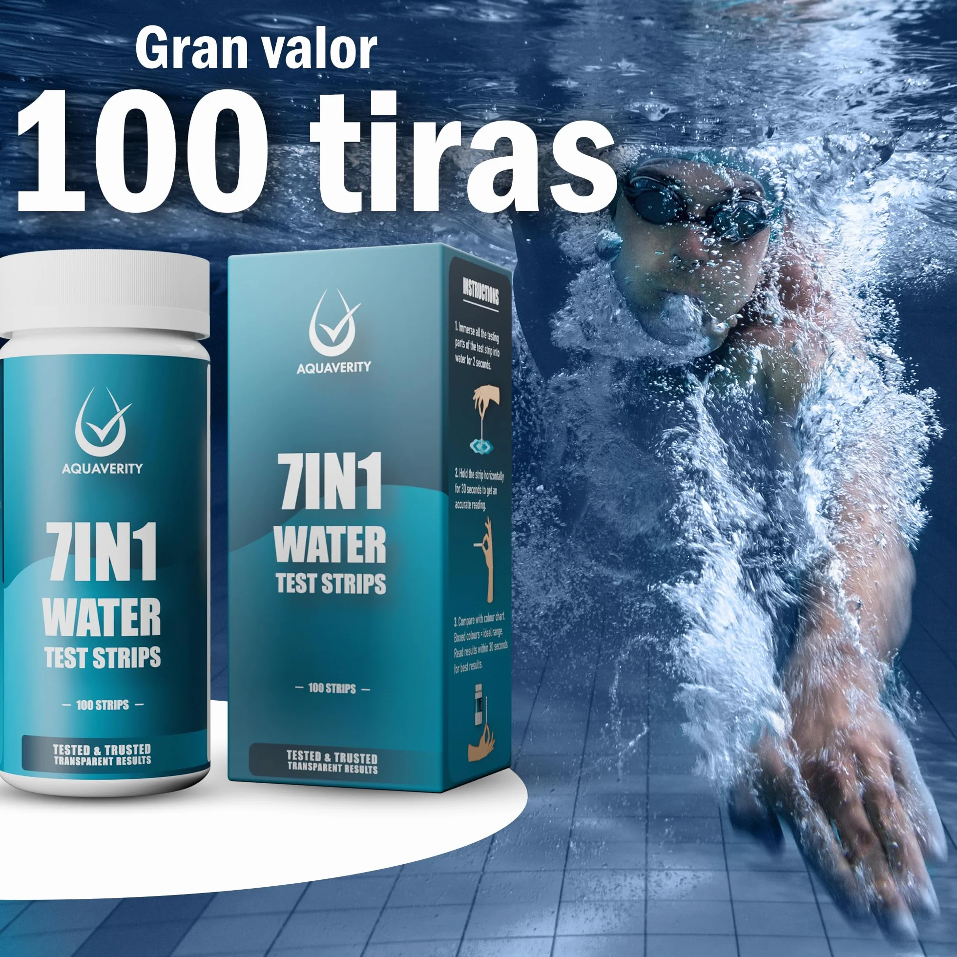 Tiras Reactivas Piscina, 100 Tiras Reactivas Para Piscina y Spa Para Alcalinidad Total, Dureza, Lloro Libre, Bromo, pH, Acido Cianurico y Cloro Total, Kit de Prueba de Agua Preciso 7 en 1