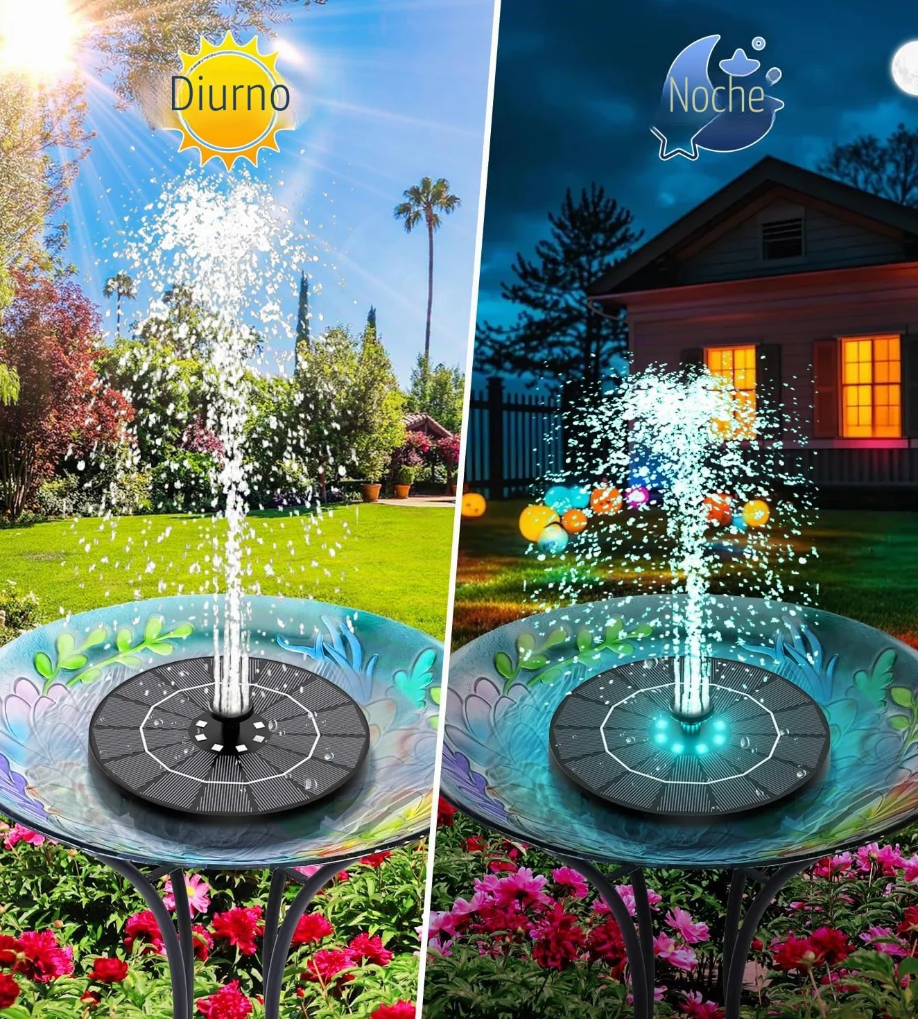SZMP Fuente Solar - 3.5W 2026 Nuevo Bomba Solar para Estanque Exterior Solares para Jardin, 2200mAh Baterías con 8 Leds Colorido y 8 Boquillas, para Estanque de Jardín Fuente, Baño para Pájaros