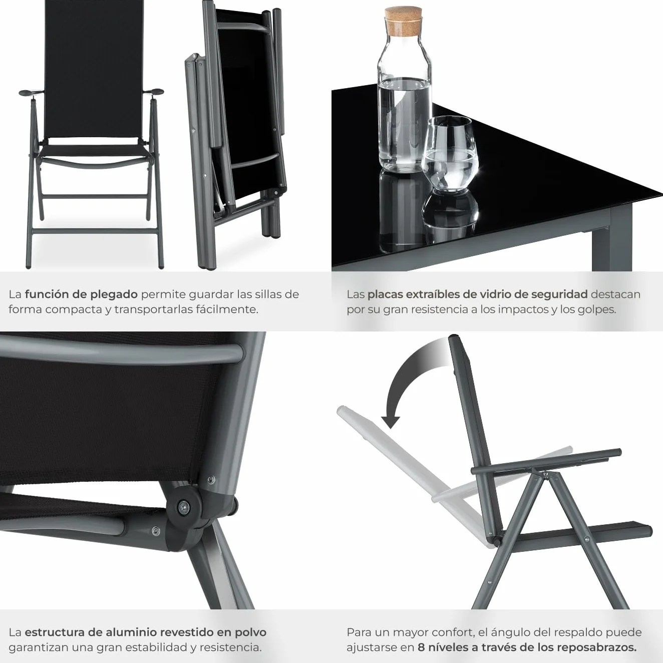 tectake Conjunto Muebles Jardín Exterior 9 Piezas, Aluminio, Mesa y Sillas Terraza Impermeables, Antracita