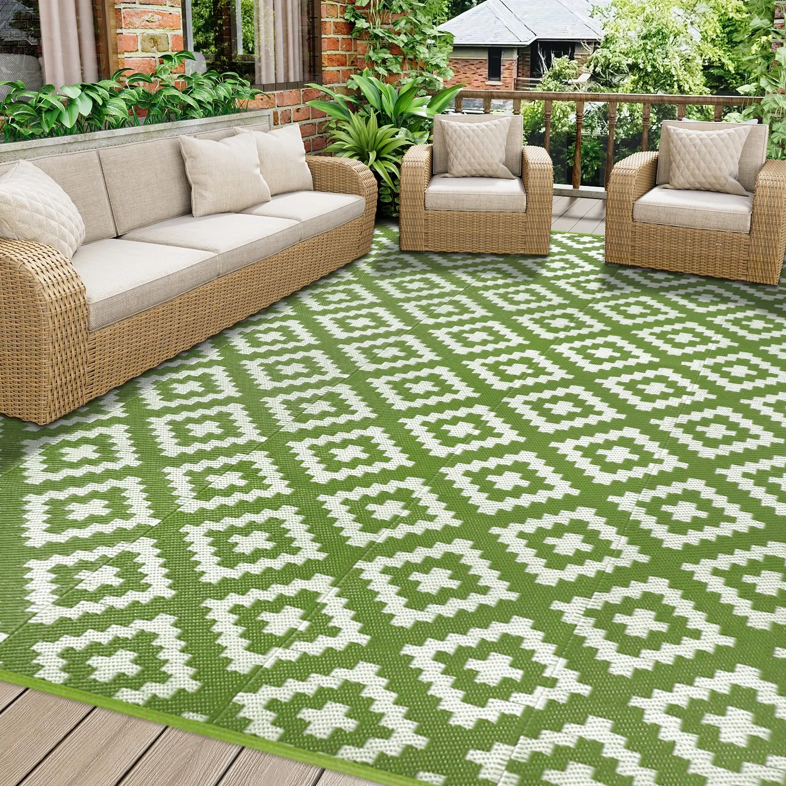 Alfombra de Exterior Homcomodar 180x270cm Paja Plástico Resistente a UV Impermeable Reversible Verde