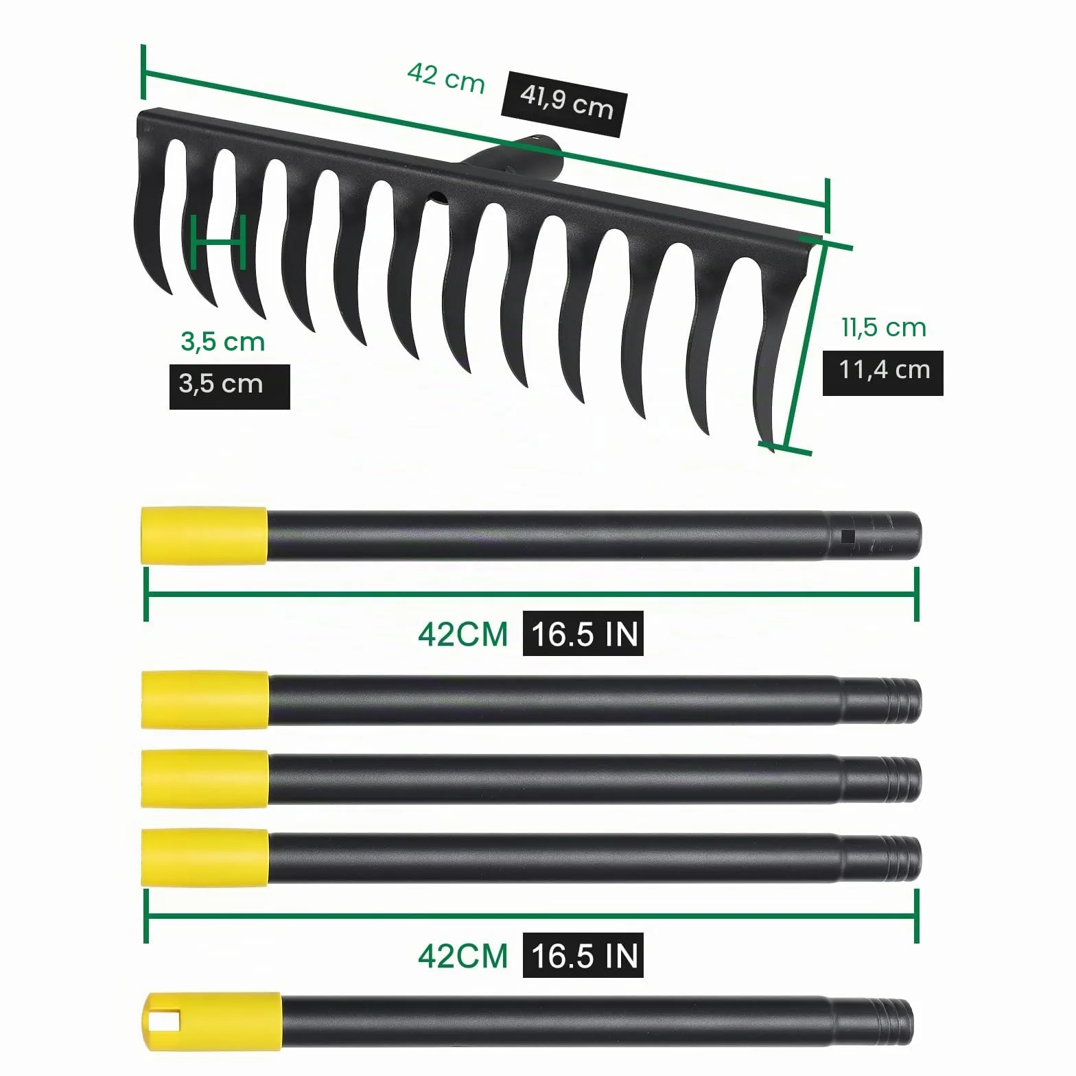 Rastrillo de jardín de metal 189 cm 12 dientes mango largo negro
