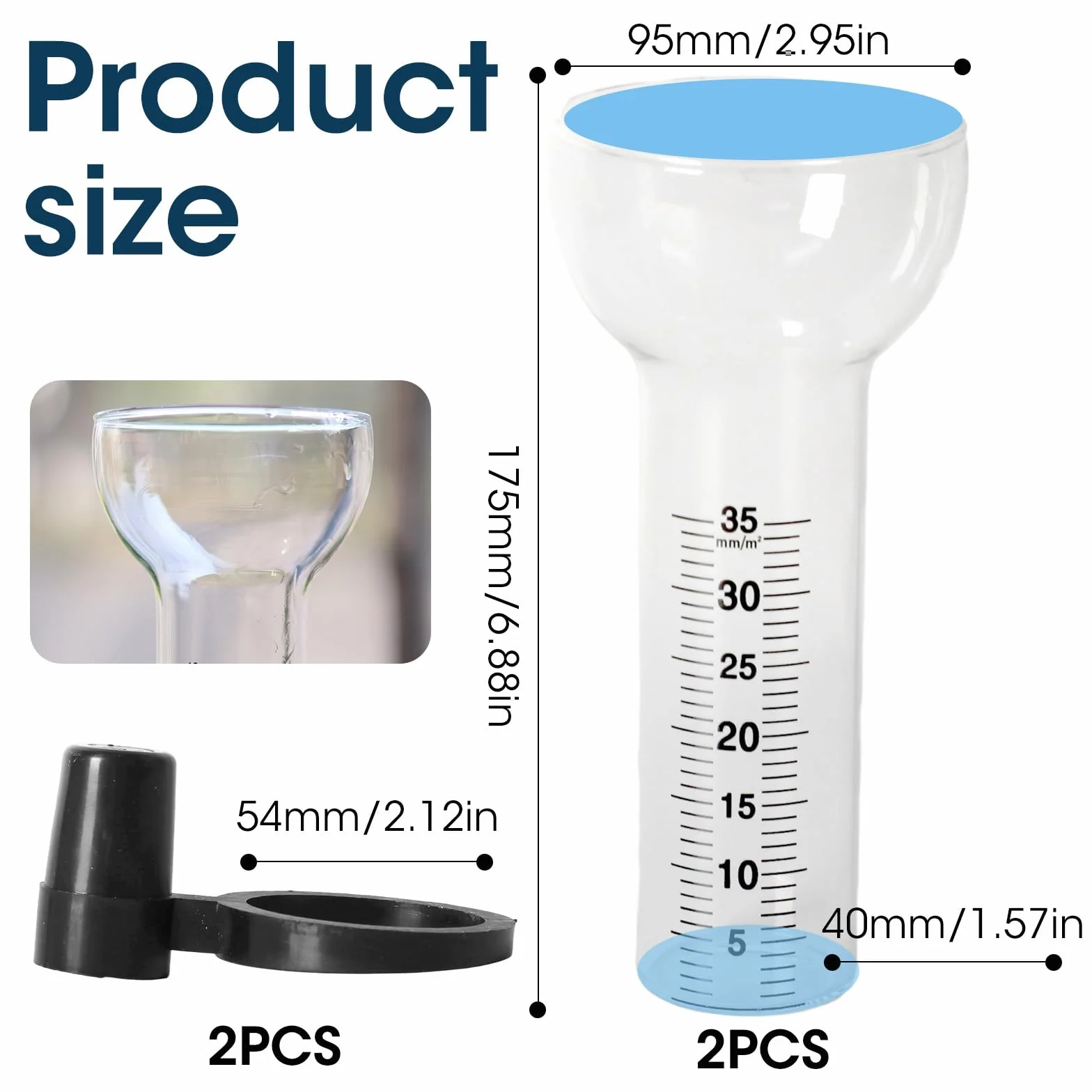 Pluviómetros 2 Piezas, Pluviómetro de 35 mm, Vidrio de Repuesto con Soporte, Resistente a Heladas para Exteriores