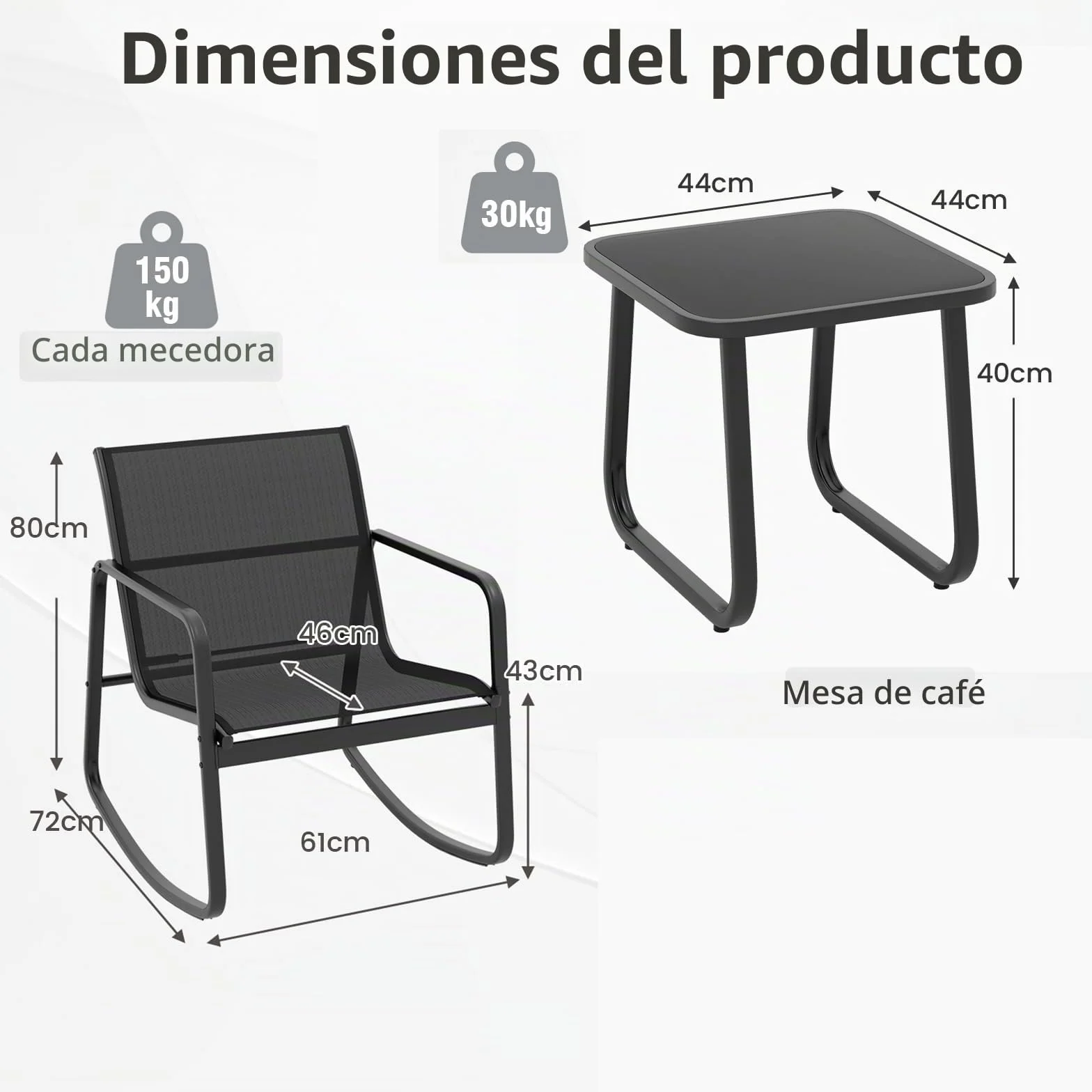 KOMFOTTEU Juego de Muebles de Jardín de 3 Piezas, Sillas Mecedoras de Textileno y Mesa de Cristal