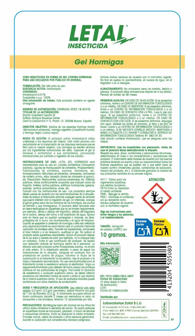 ZOTAL Gel Anti Hormigas Pack 2 Unidades Insecticida en Jeringuilla Efecto Retardado