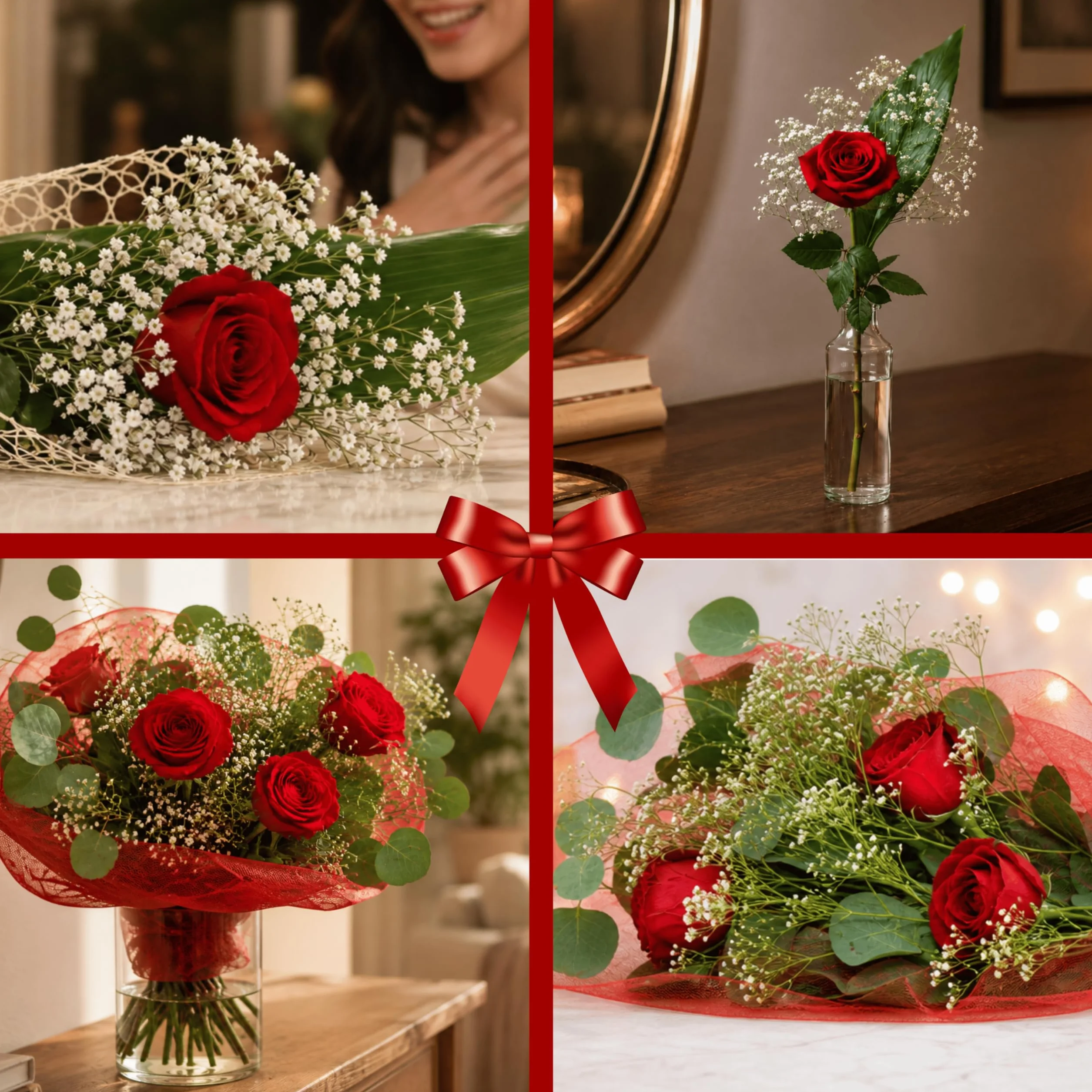 Ramo de 3 Rosas Frescas Naturales con Paniculata, Rosa Roja para Ella, Detalle Romántico