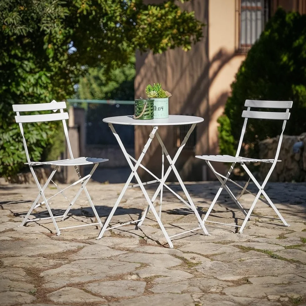 LOLAhome Conjunto de Mesa y 2 sillas de jardín Sira con láminas Curvas de Acero Blanco
