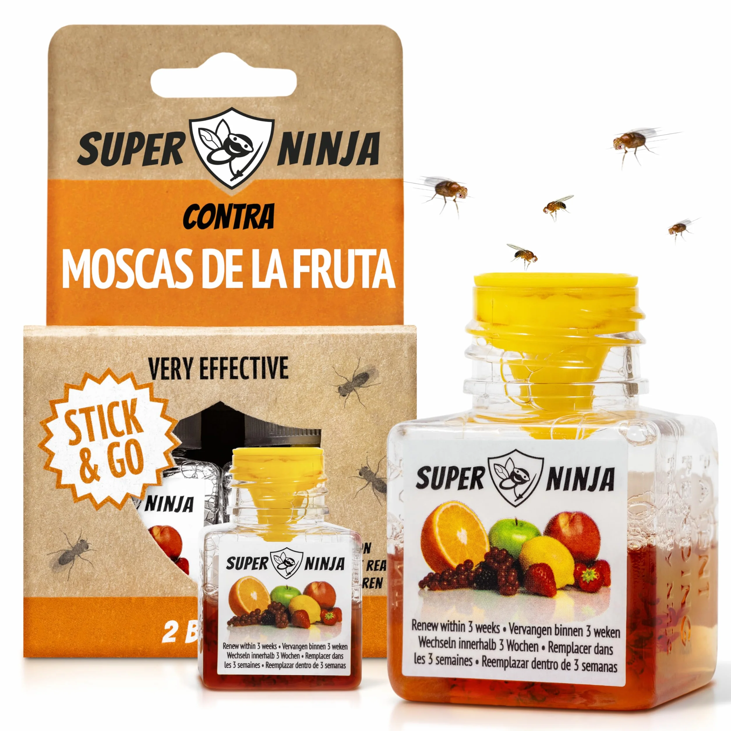 Trampas para Moscas de la Fruta Pack 2, Trampa para Moscas Interior Hogar Cocina, Cebo Líquido Eficaz 3 Semanas