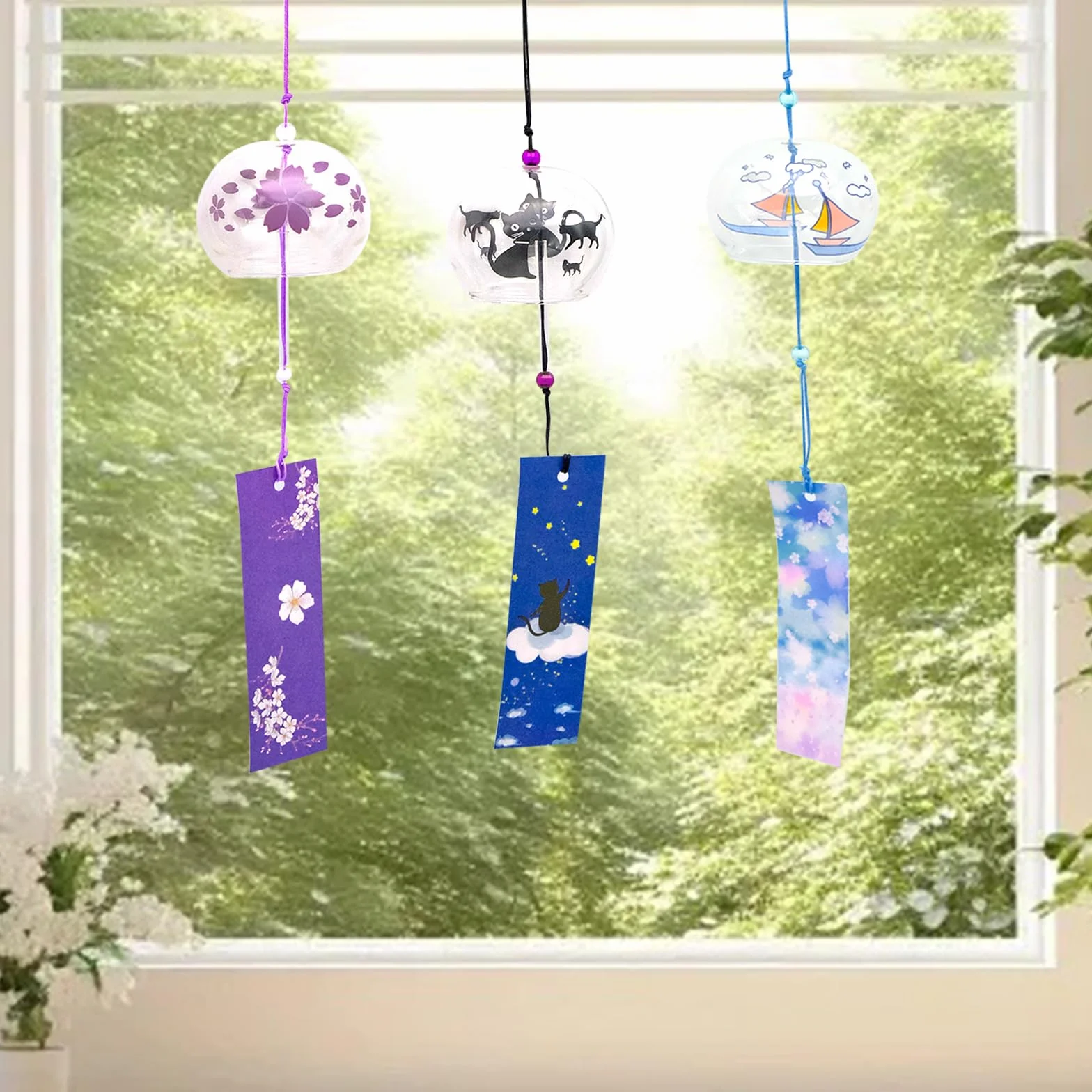 Carillón de Viento Japonés Cristal 3 Piezas Campanas Hechas a Mano para Jardín