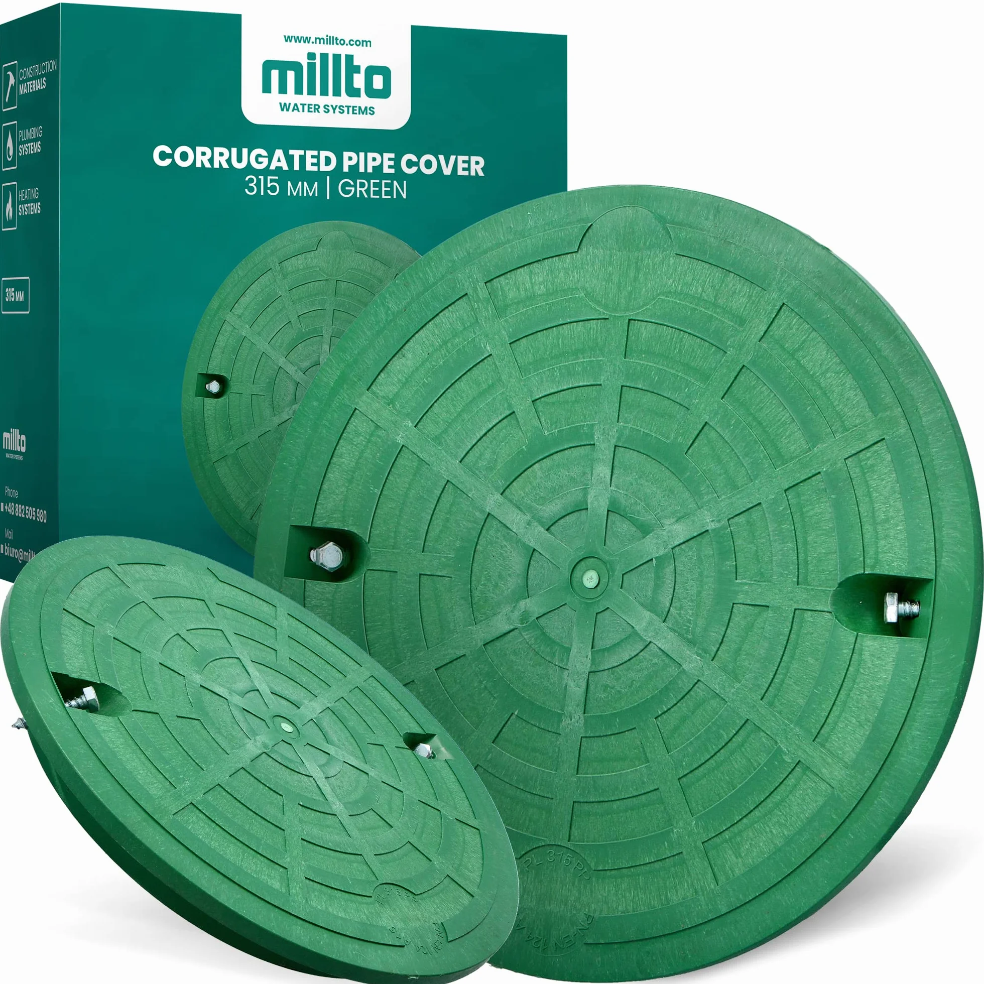 Millto Tapa de tubería DN315 polipropileno A15 verde carga 1,5 t