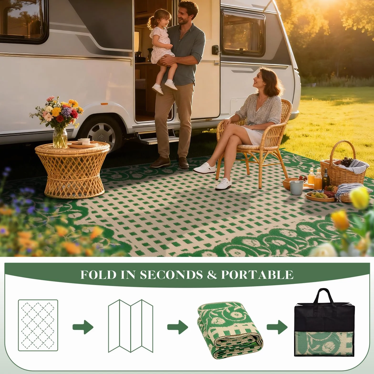Alfombra de jardín impermeable 150 x 245 cm, reversible, plegable, plástico reciclado, resistente