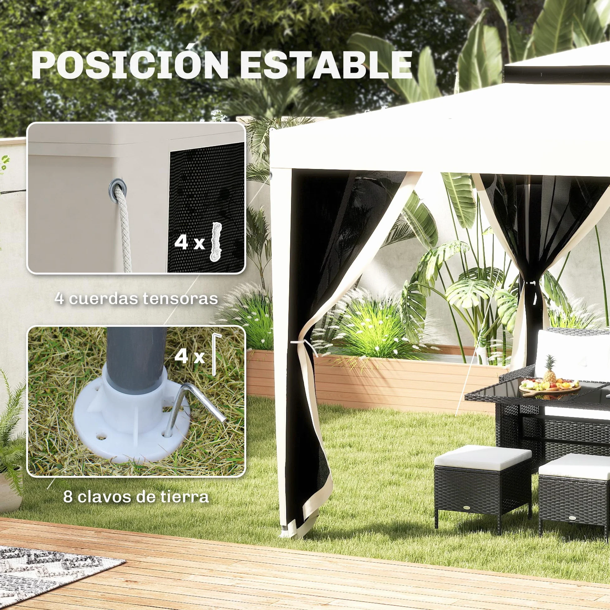 Outsunny Carpa de Jardín 3x3 m Cenador Desmontable de Exterior Gazebo con 4 Mosquiteras Laterales Techo Doble y Marco Metálico Anti-UV Impermeable Pabellón para Terraza Patio Crema