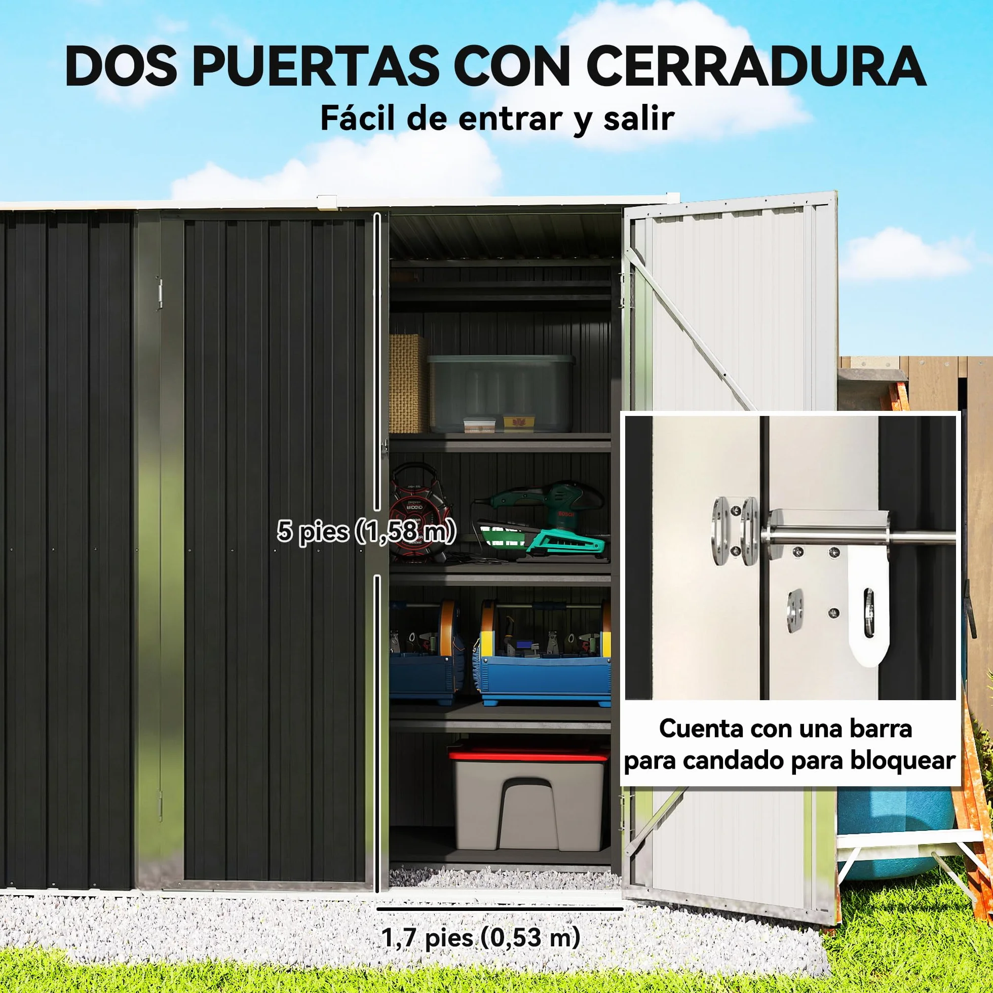 Outsunny Caseta de Jardín Exterior 1,37 m² 163x89x163 cm Cobertizo Metálico con Techo Inclinado Gris Oscuro