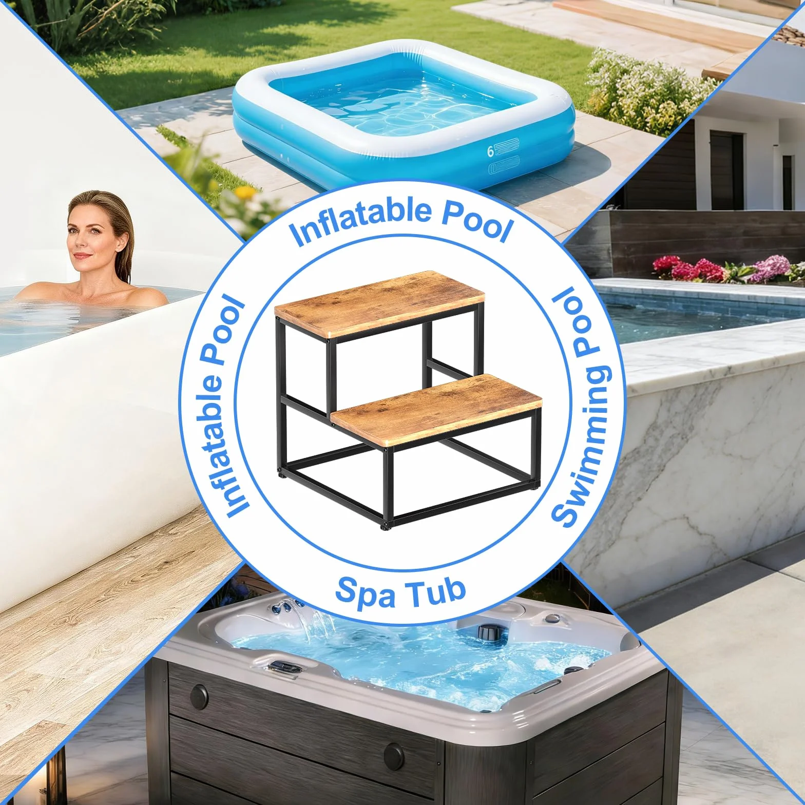 Escalones Antideslizantes de Madera para Jacuzzi SPA 2 Pasos 226kg