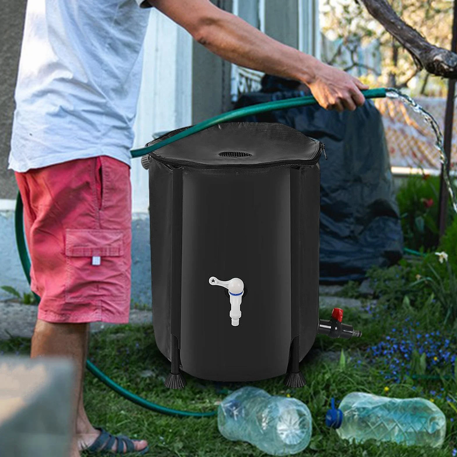 Barril de recolección de agua de lluvia, tanque de almacenamiento de agua de 200 L, colector de agua de recolección de lluvia, barril de lluvia portátil con kit de desbordamiento, almacenamiento de | de 200 L, colector de agua de recolección de lluvia, ba