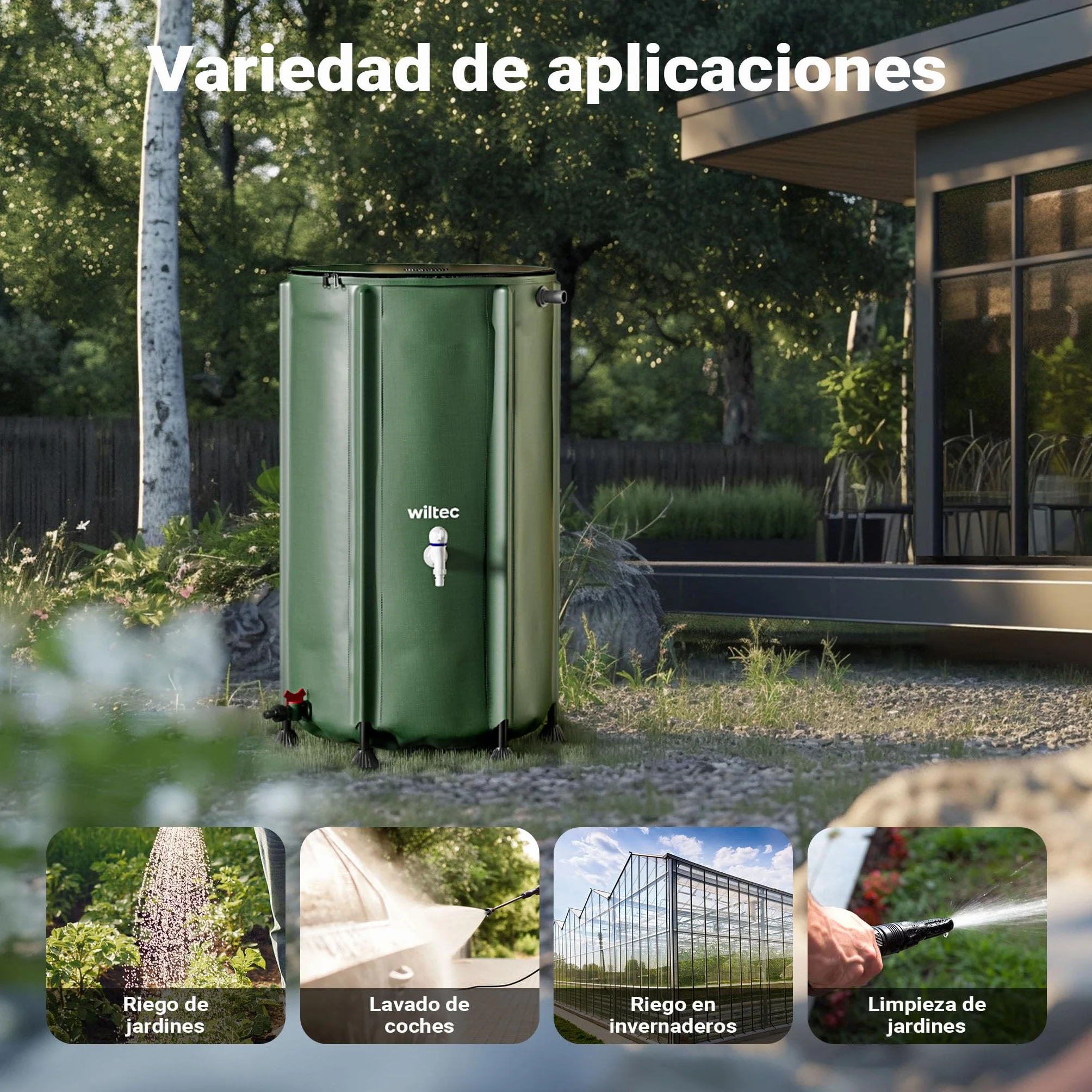 Wiltec Barril de Lluvia Plegable 250 litros PVC Tanque Agua Flexible con Grifo y Tapa