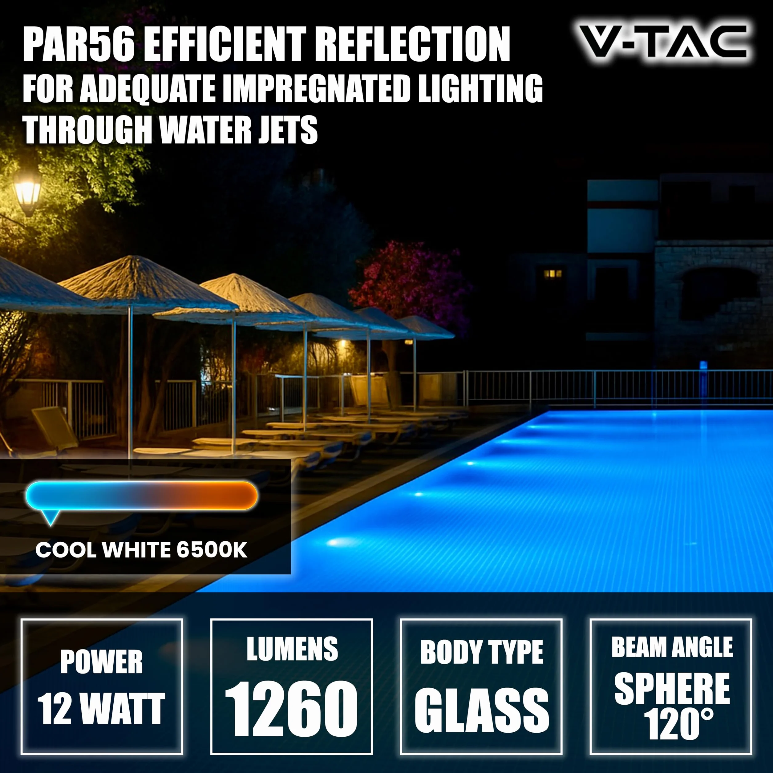 V-TAC Lámpara LED para Piscina 12W PAR56 1260 Lúmenes IP68 Blanco Frío