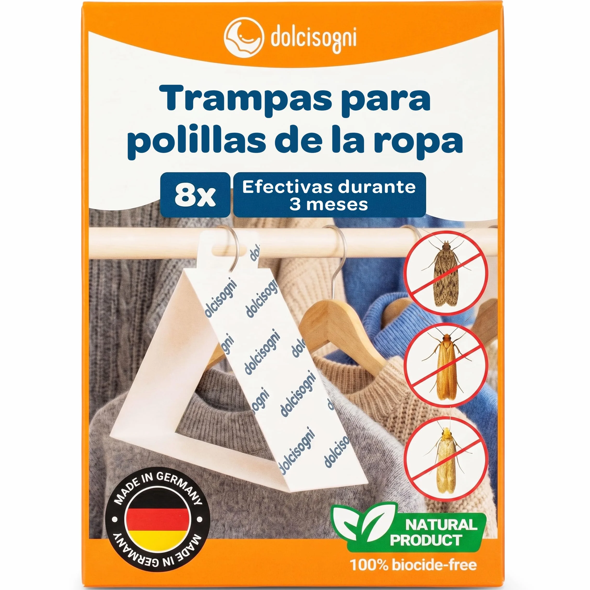 DOLCI SOGNI Antipolillas para Ropa Armario Sin Biocidas 8 Hojas Trampa Polillas Ropa Made in Germany Protección 3 Meses