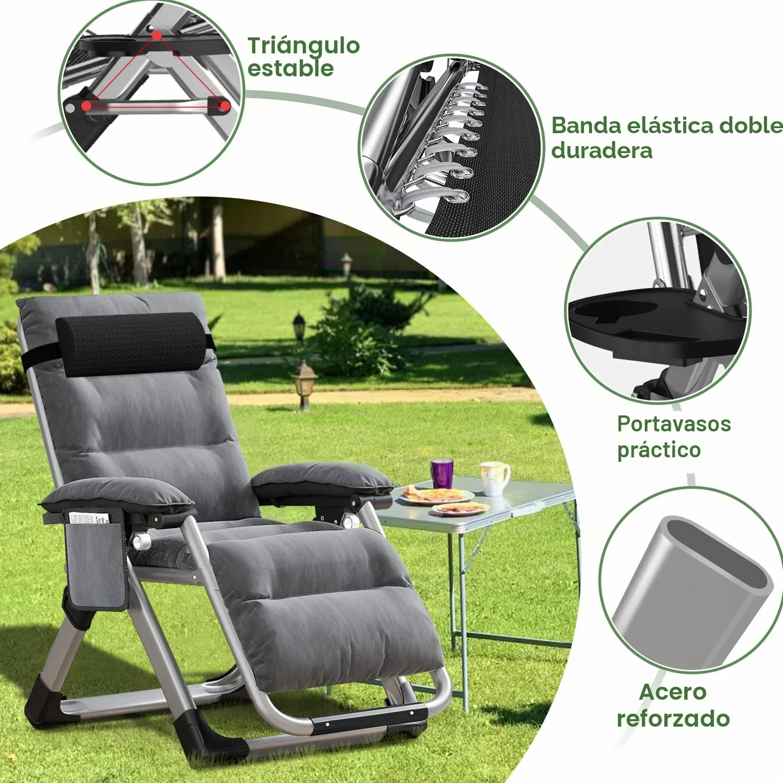 Tumbona Ryuhic para jardín, silla de gravedad cero ajustable, resistente con cojín y reposacabezas, bolsillo, soporta 200 kg, sillas reclinables plegables