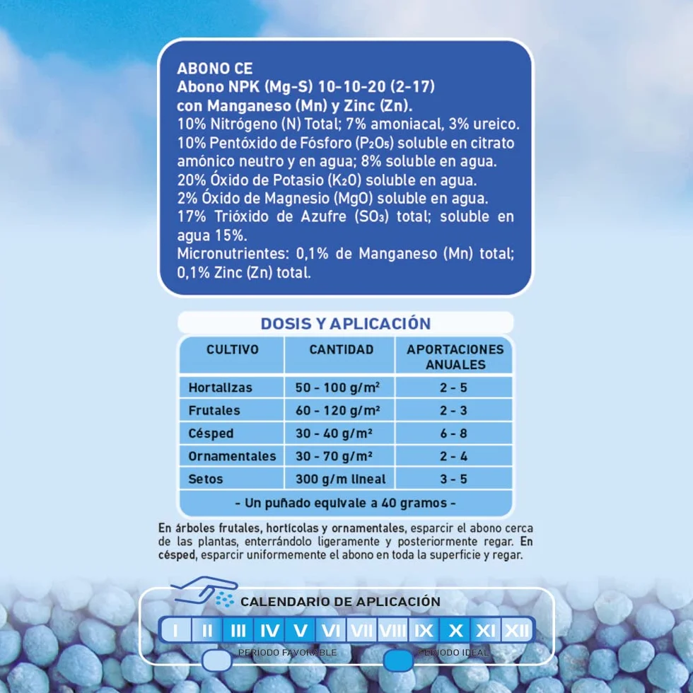 Abono Polivalente Granulado Azul NPK 10-10-20 con Mg, S y Micronutrientes 750 g