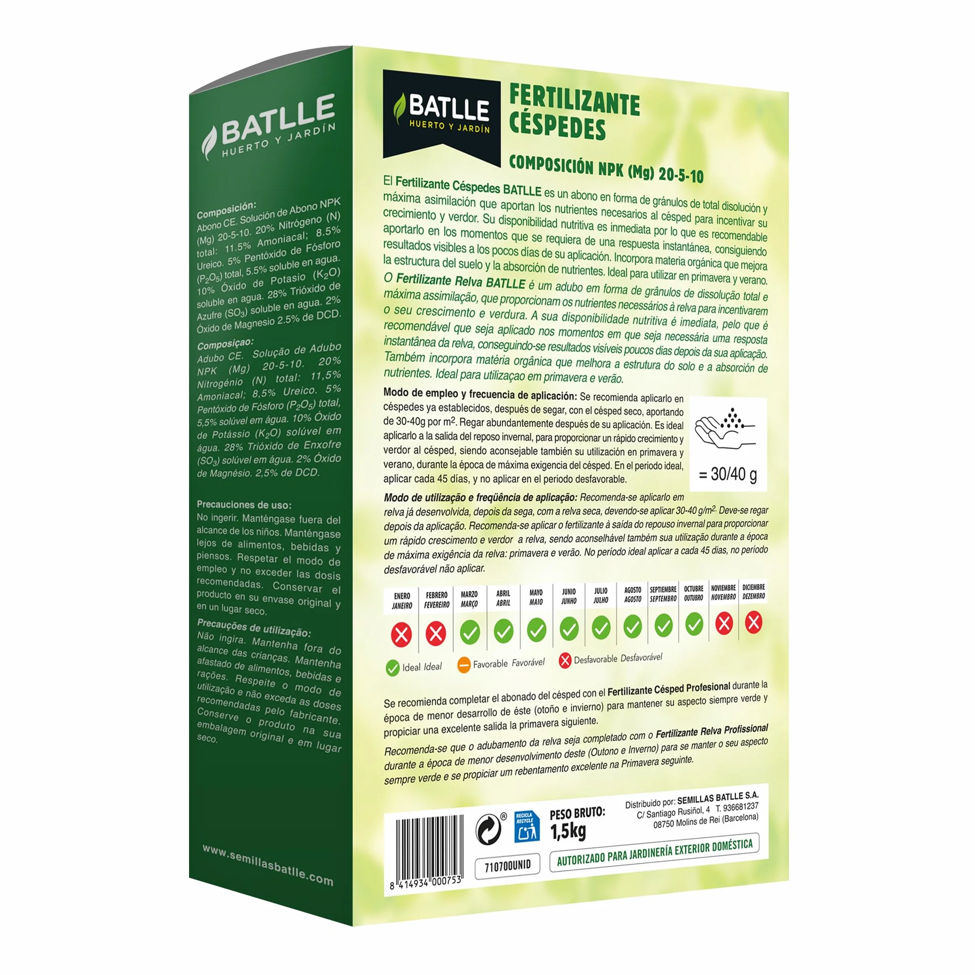 Batlle Fertilizante Césped 1,5 kg Abono Órgano-Mineral NPK 20-5-10 Acción Rápida Verde Intenso