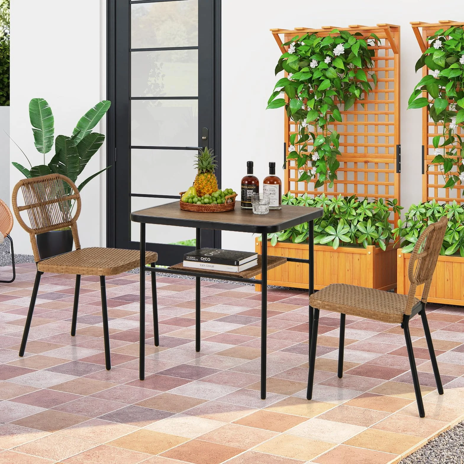 COSTWAY Conjunto Jardin Exterior de 3 Piezas, 2 Sillas de Ratán Apilables y Mesa de Comedor con Estante, Mesa y Sillas Jardin Terraza Balcon Interior Exterior