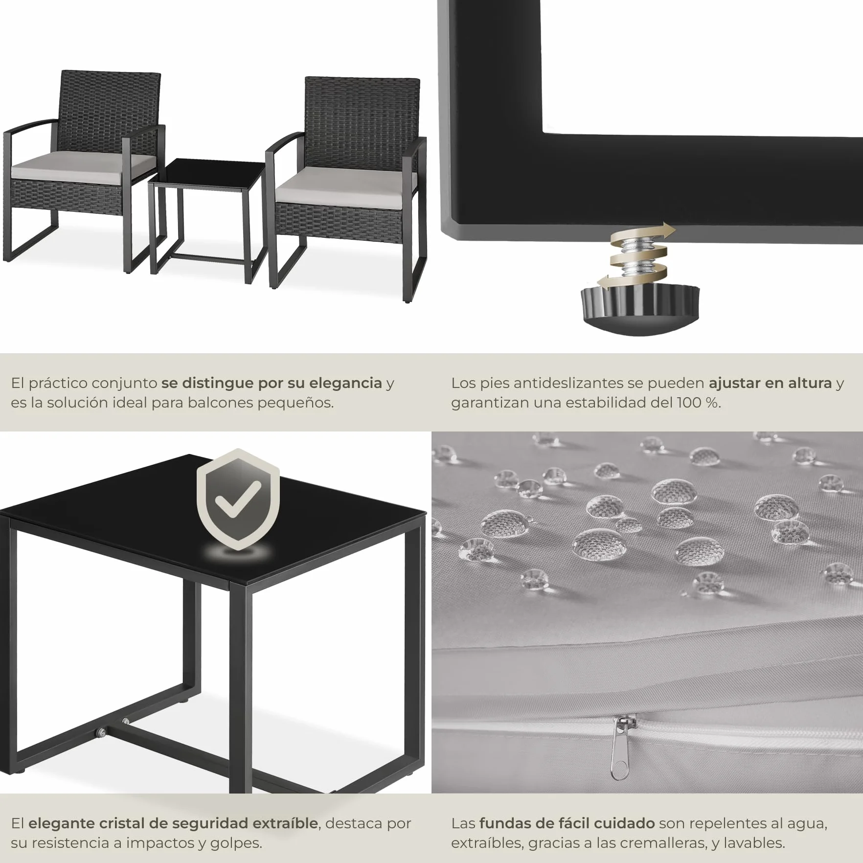 TecTake® Conjunto Jardín Exterior para 2 Personas, Muebles de Jardin 2 Sillas Ratán con Cojines y Mesa Terraza con Tablero Vidrio de Seguridad, Fundas Extraíbles, Robusto y Resistente a la Intemperie