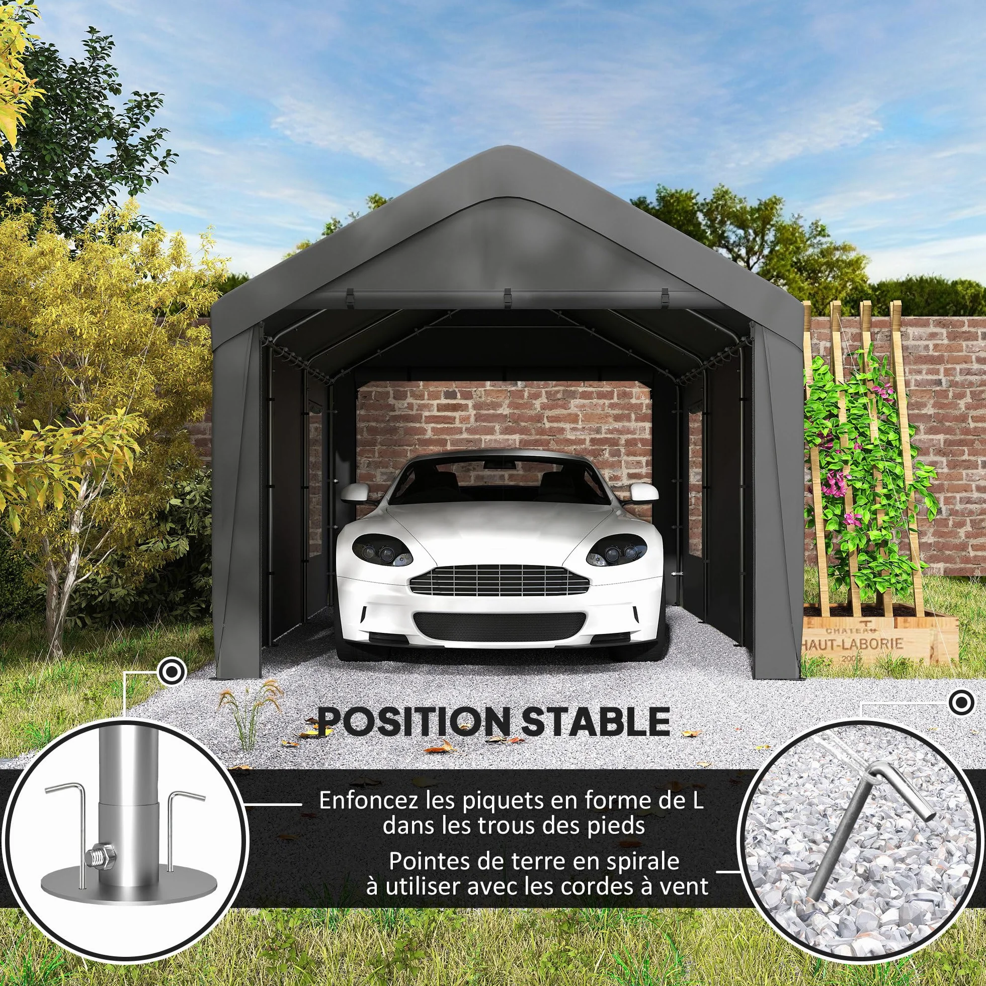 Outsunny Carport Cobertizo para coche 3x6 m 2 puertas enrollables 4 ventanas gris oscuro