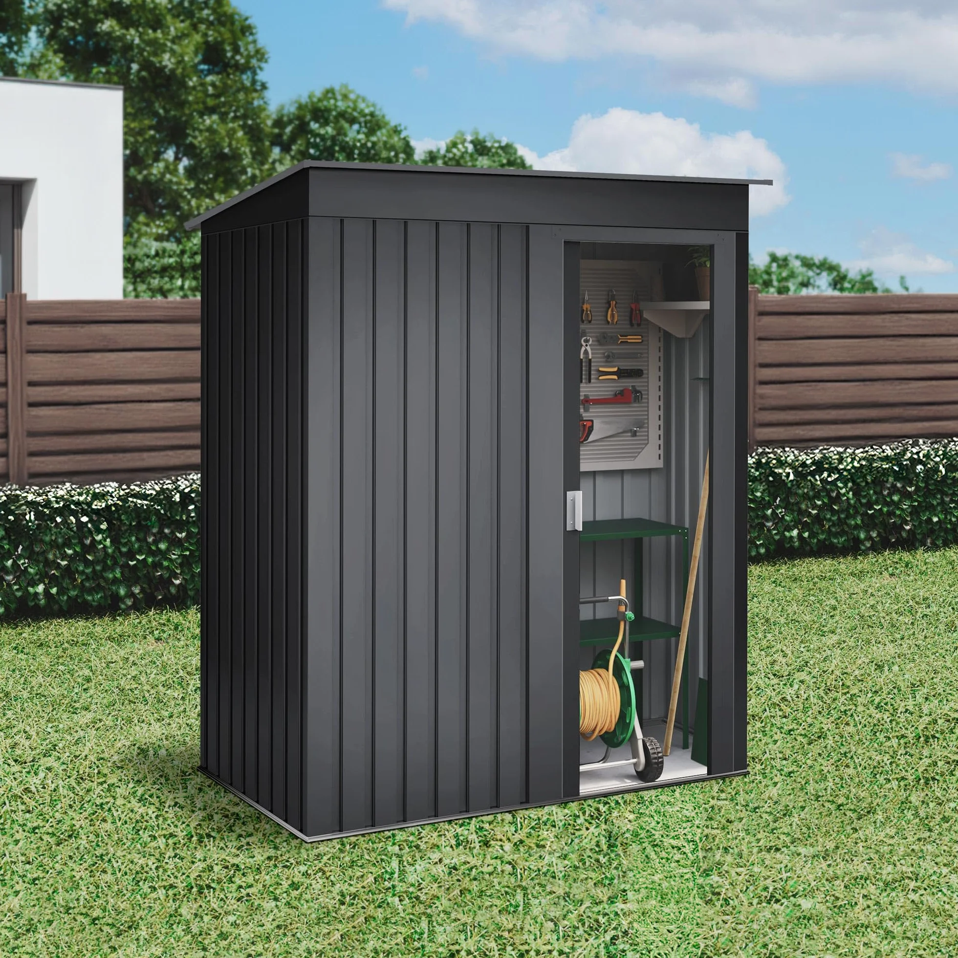Armario Exterior Terraza 1,39m2 Neat Antracita Puerta Corredera 162x86x181cm Caseta Jardín Cobertizo Almacenamiento