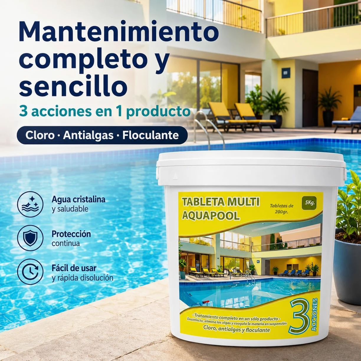 Pastillas de Cloro multifunción 200 Gramos 3 acciones 5 KG - Apto para Liner no Contiene Cobre