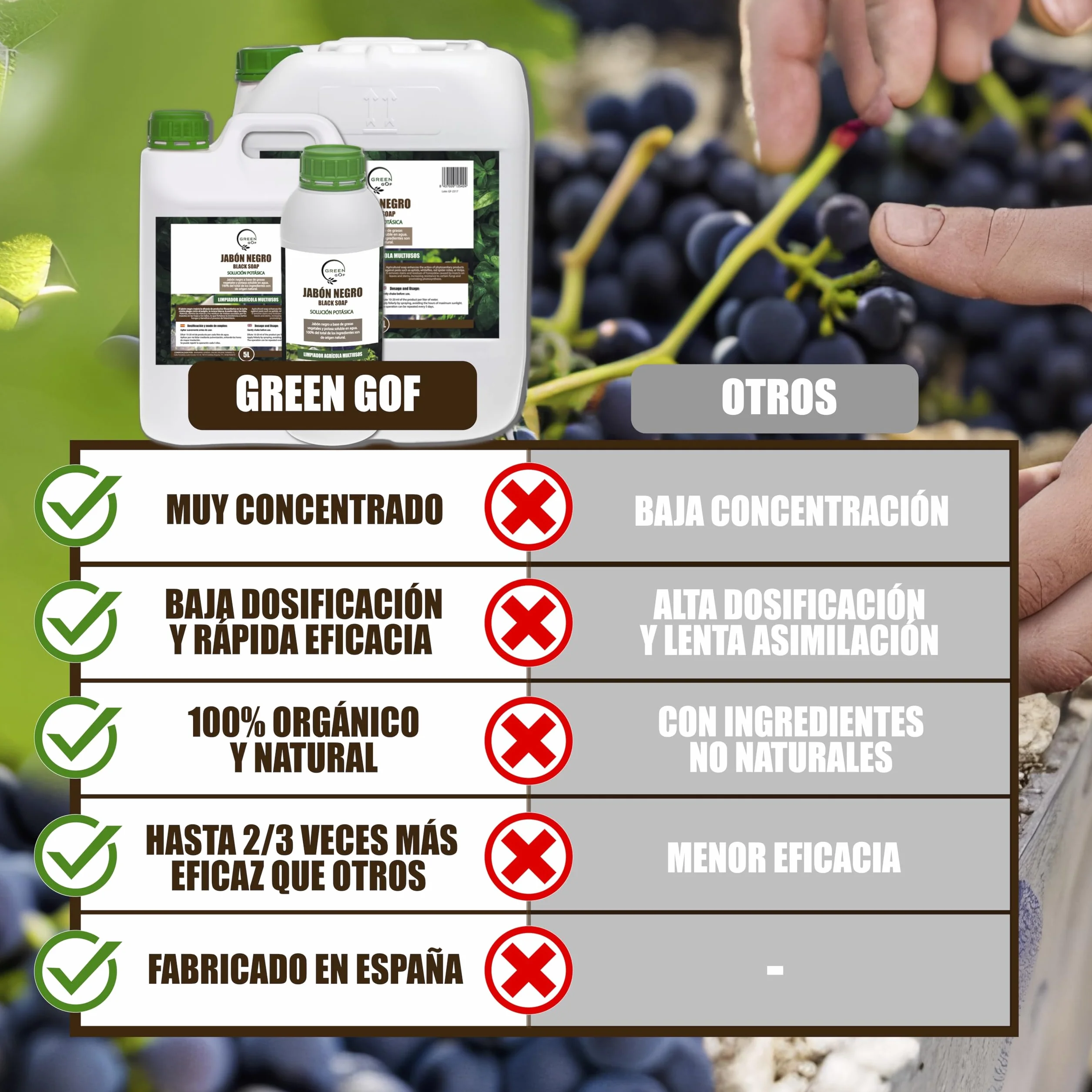 GREENGOF Jabón Potásico Premium 1L Concentrado Hongos Plagas Pulgón Mosca Blanca Araña Roja Cochinilla
