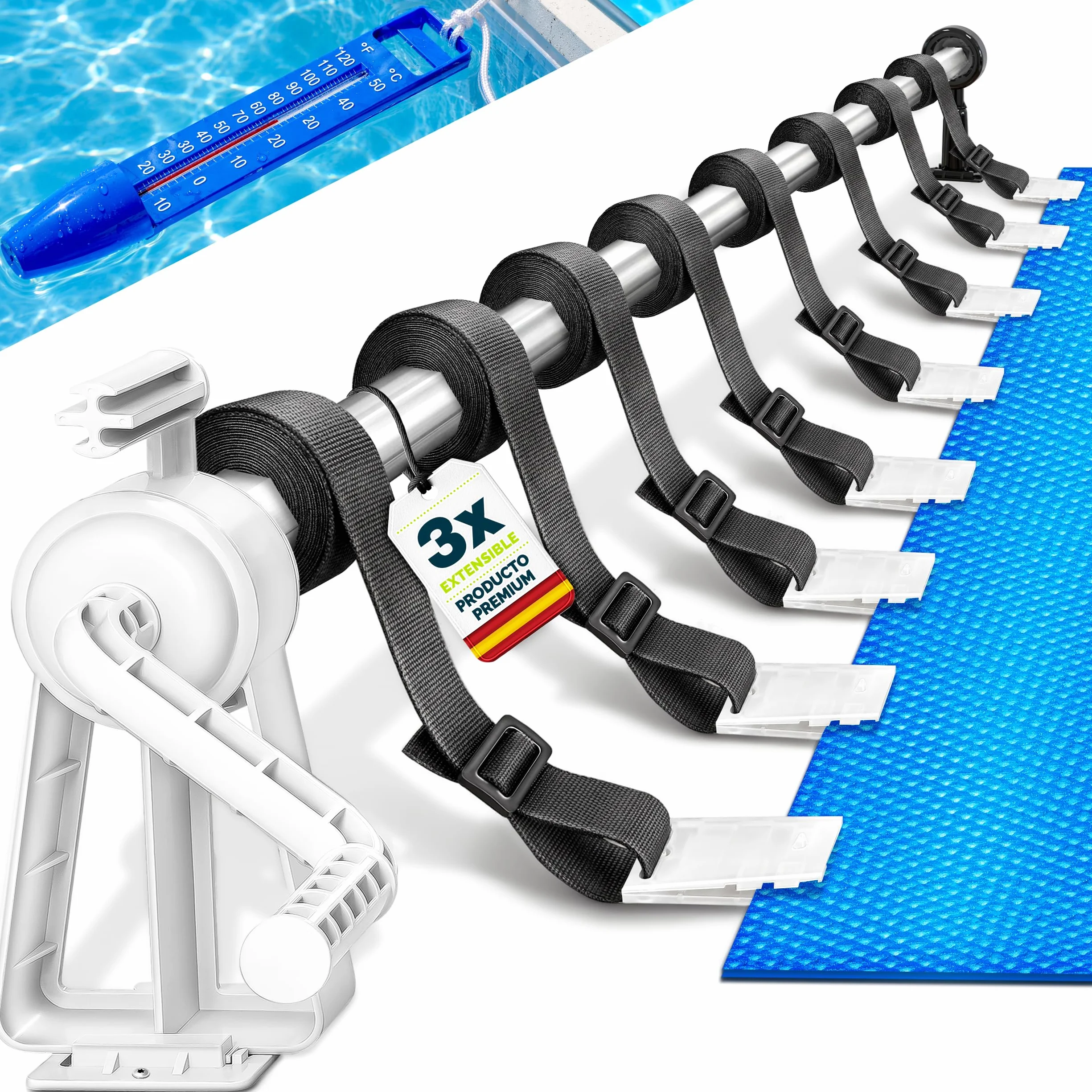 Tillvex Enrollador de Cubiertas para Piscinas 1,05-6,15 m con Termómetro Sistema Móvil de Enrollado para Lonas Láminas Solares
