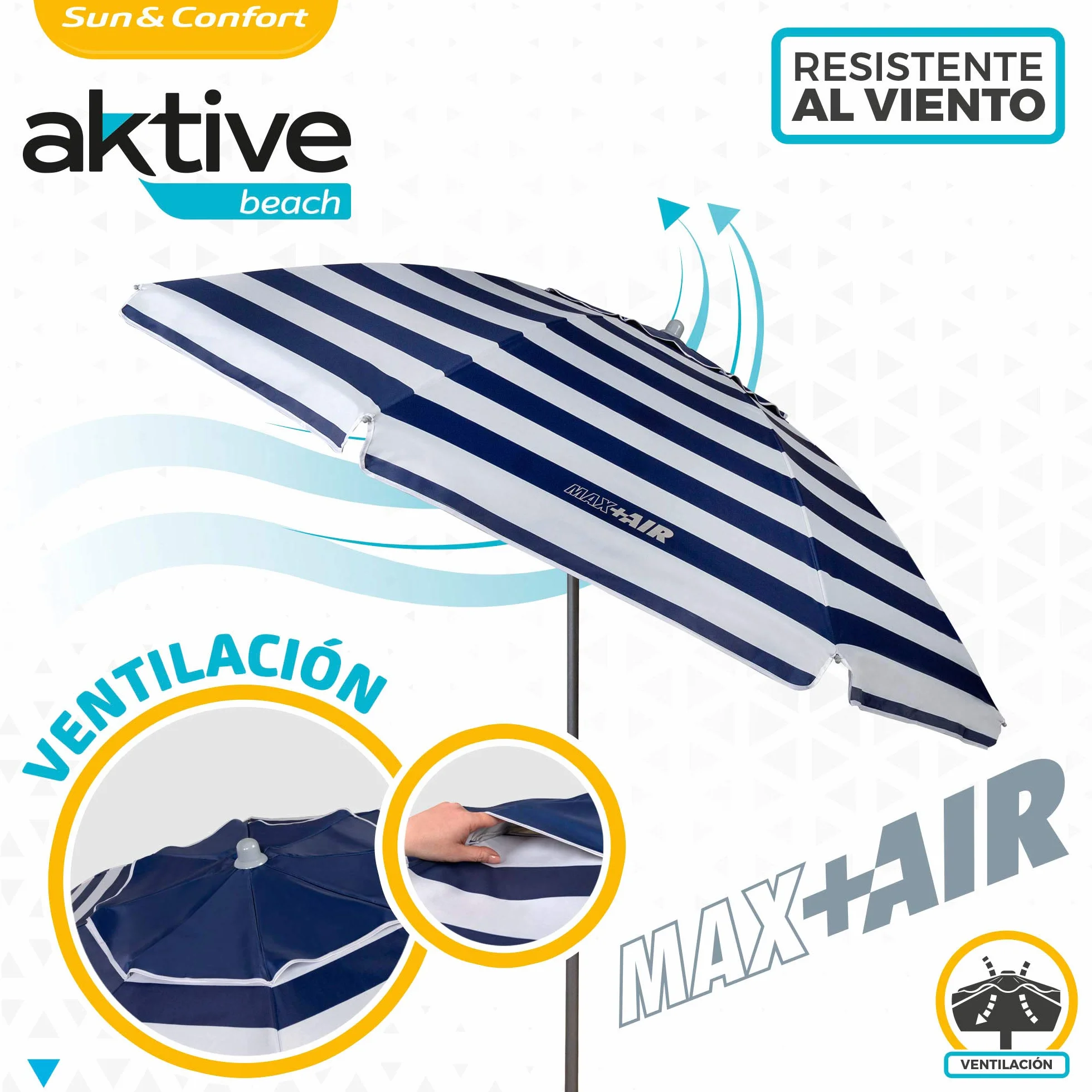 AKTIVE Sombrilla Playa Grande 220 cm, UV50, Inclinable, Regulable Altura, Mástil Acero, Tejido Oxford, 8 Varillas, Funda Transporte