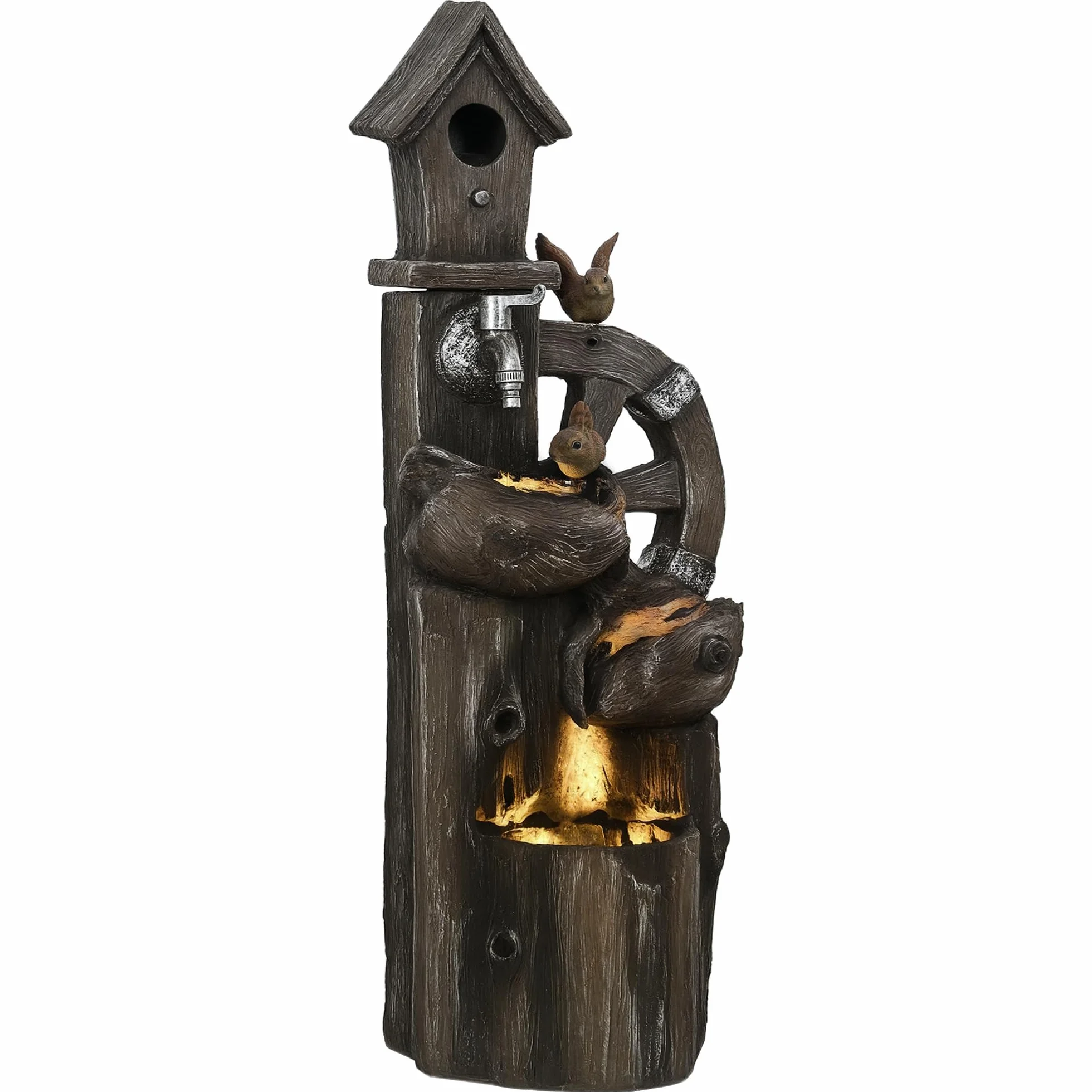 Outsunny Fuente de Agua 2 en 1 con Casita para Pájaros Fuente de Jardín con Iluminación LED Fuente Decorativa en Cascada de 4 Niveles para Jardín Patio Terraza 34,5x29,5x92 cm Multicolor