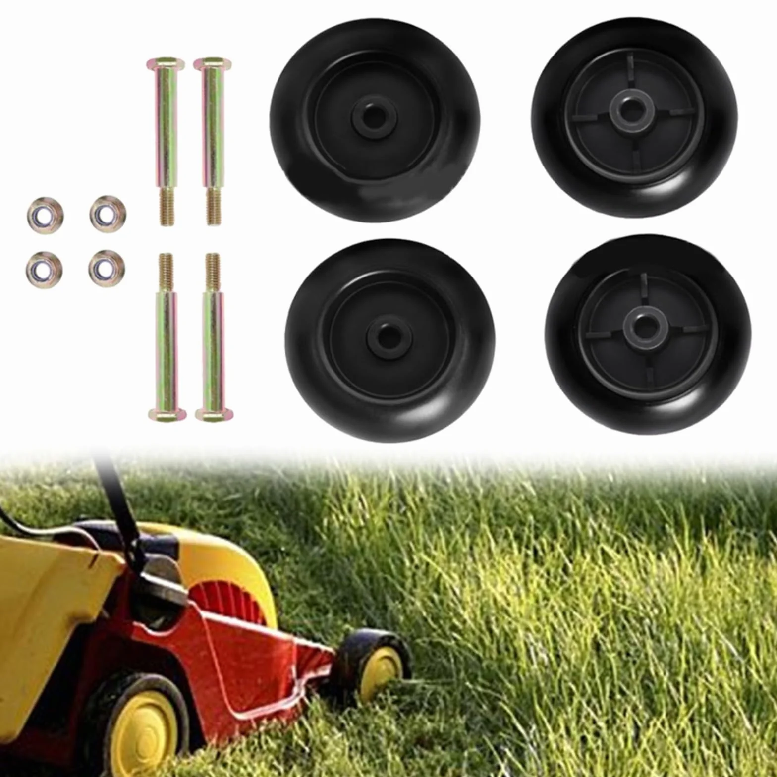 KiraKira Paquete de 4 ruedas para cortacésped compatibles con 532133957 532174873 589527301 734-3058 112-0677 1700184 42-54 pulgadas, color negro