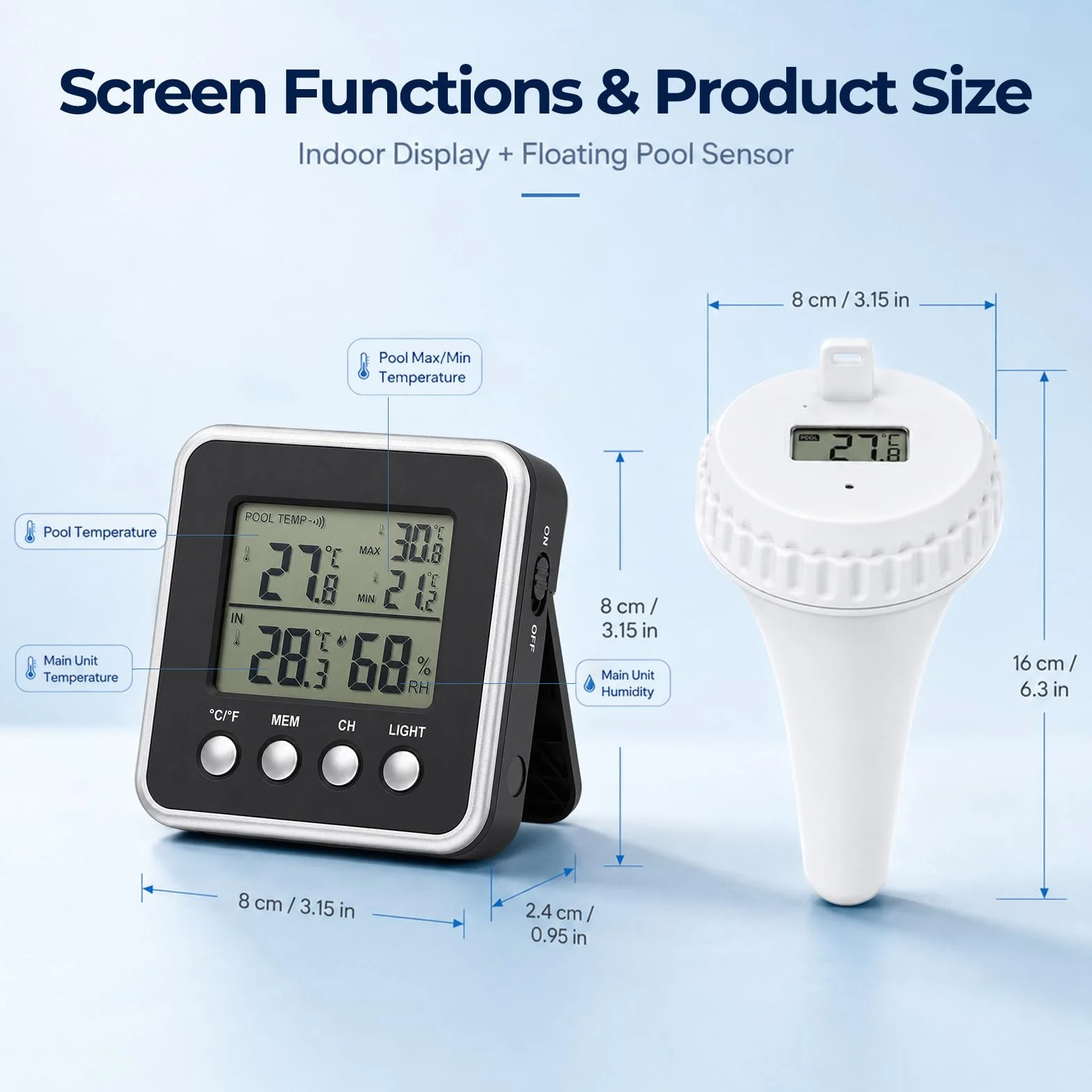 Termómetro de Piscina Inalámbrico 150m Sensor Flotante IPX8 Impermeable Monitor Interior Medición Tiempo Real