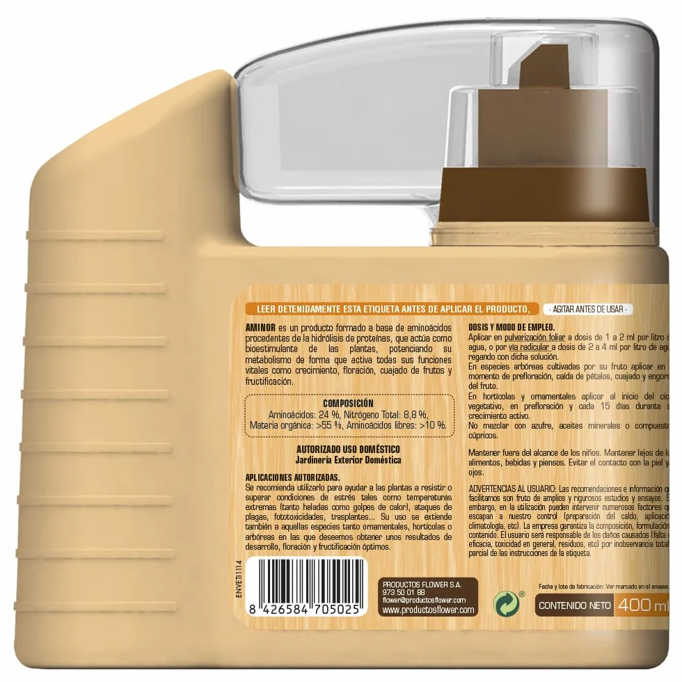 Bioflower Aminoácidos Aminor 400ml Abono Líquido 24% Aminoácidos Libres Estimula Crecimiento Vegetativo Agricultura Ecológica