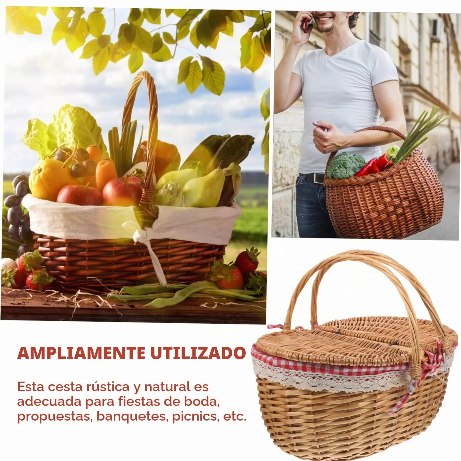 Inoomp Cesta De Picnic De Mimbre Tejida con Asas Dobles Y Tapa Canasta RúStica para Almacenamiento Y Picnic Al Aire Libre 15.74X11.02X7.48In