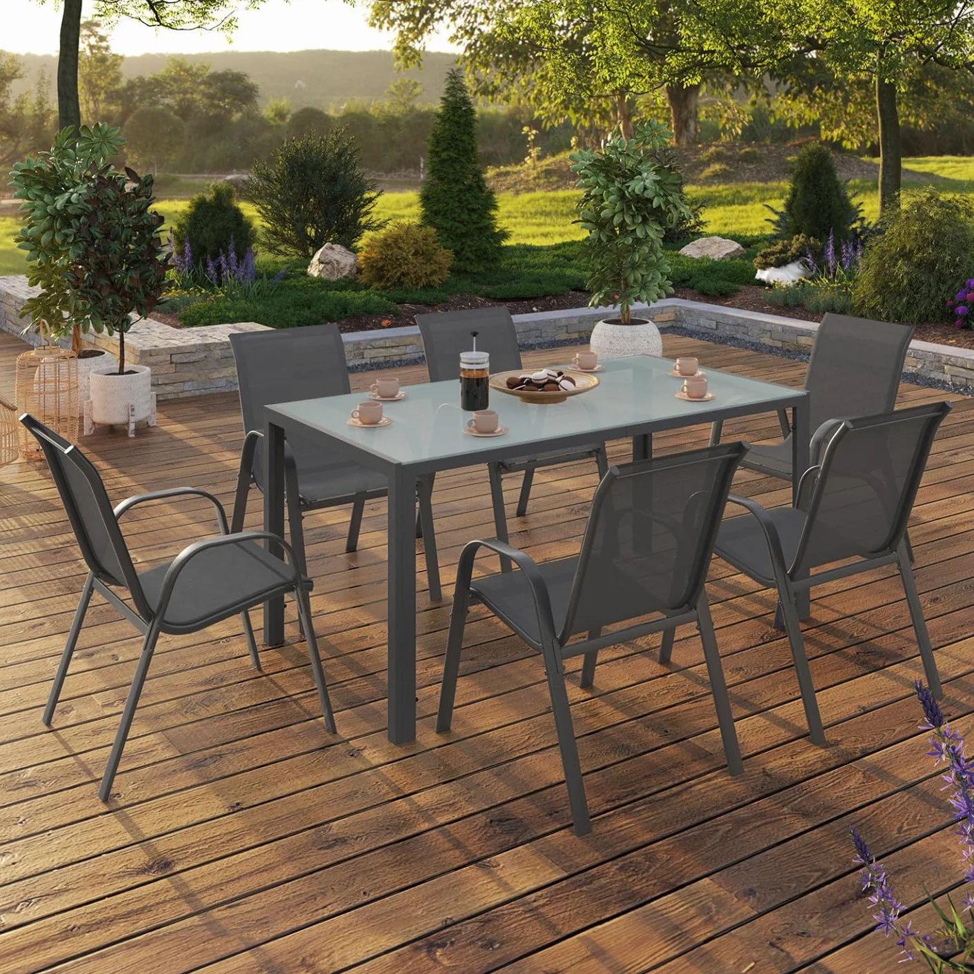 Salón de jardín Madrid Mesa 150 cm 6 sillas apilables Gris Antracita