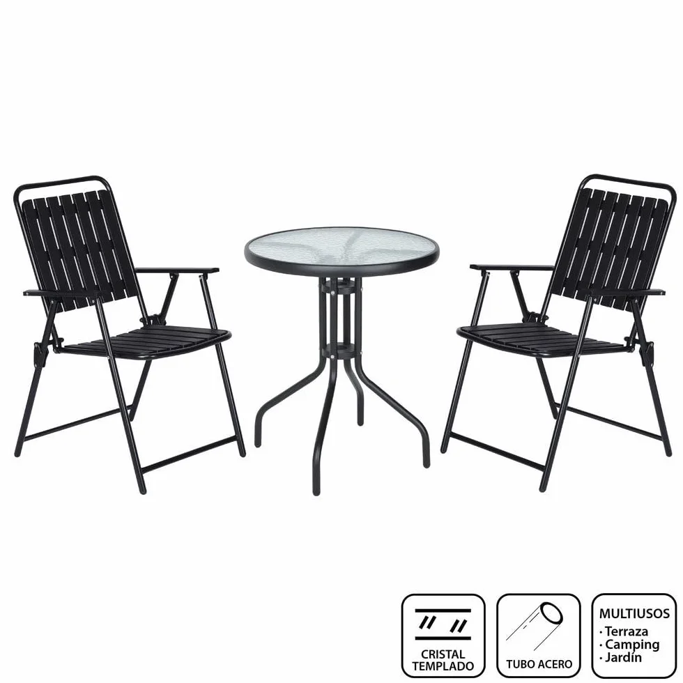 Monty Set de Jardín Bistro 3 Piezas Mesa 60cm 2 Sillas Plegables Negras Acero Polipropileno Cristal Templado