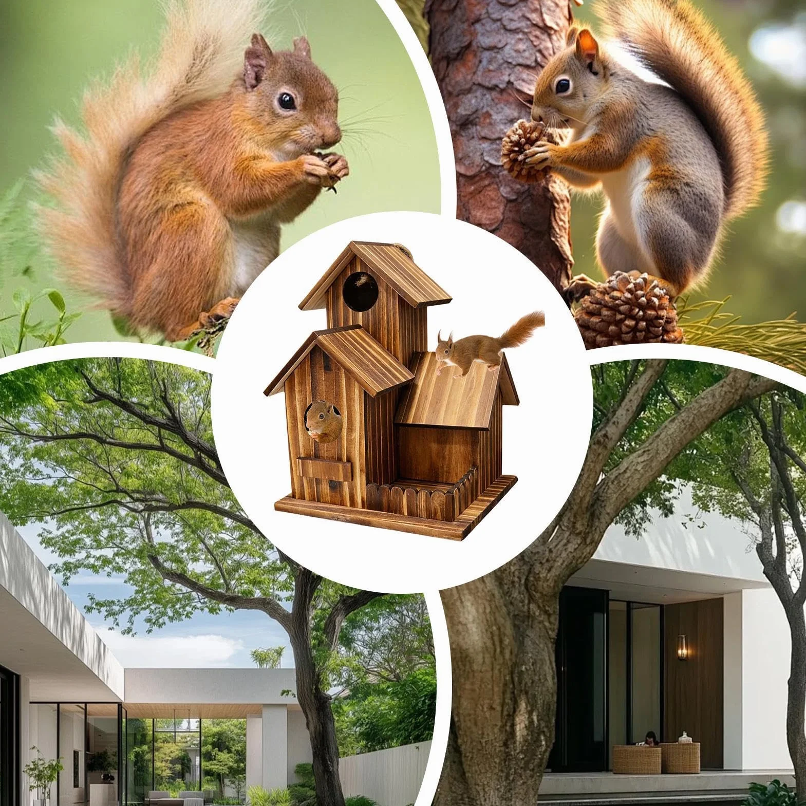 Casa para Ardillas Exterior Madera con Diseño Compartimentos Techo Flexible Alimentador Árbol Jardín