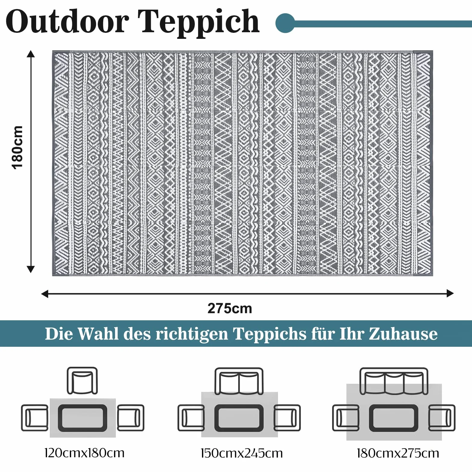 Alfombra exterior Alishomtll 180 x 275 cm PP impermeable resistente UV reversible