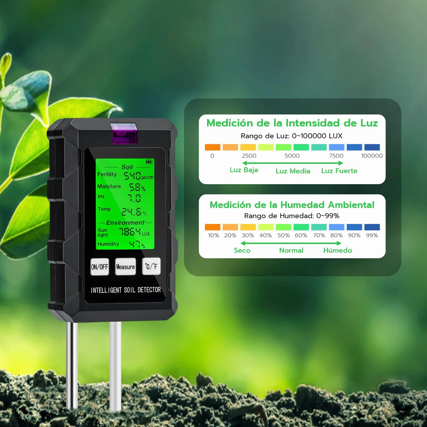 Wigearss Medidor de Suelo 6 en 1, Medidor de Fertilidad del Suelo/Luz Solar/Humedad Ambiental/pH/Temperatura con Pantalla LCD