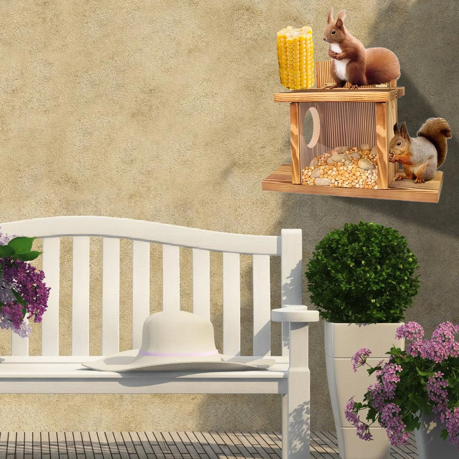 Comedero para ardilla resistente a la intemperie madera estable 35,2x12,8x24 cm tapa abatible