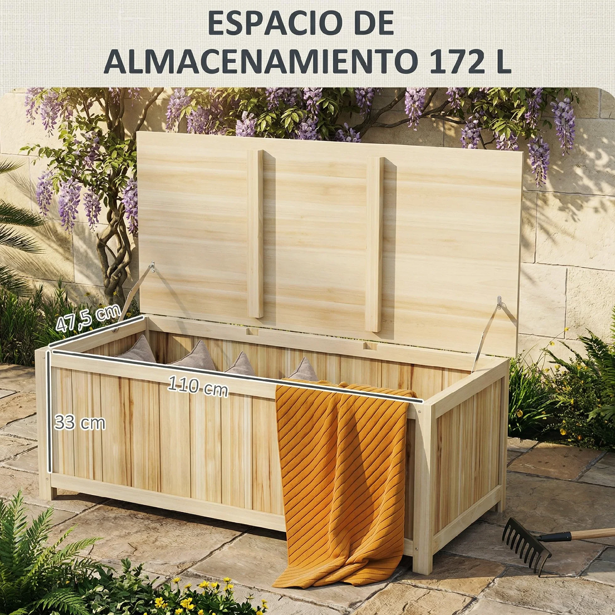 Outsunny Arcón Exterior de Madera 172 L con Tapa Abatible Baúl de Almacenaje Exterior Resistente a la Intemperie 120x55x45 cm